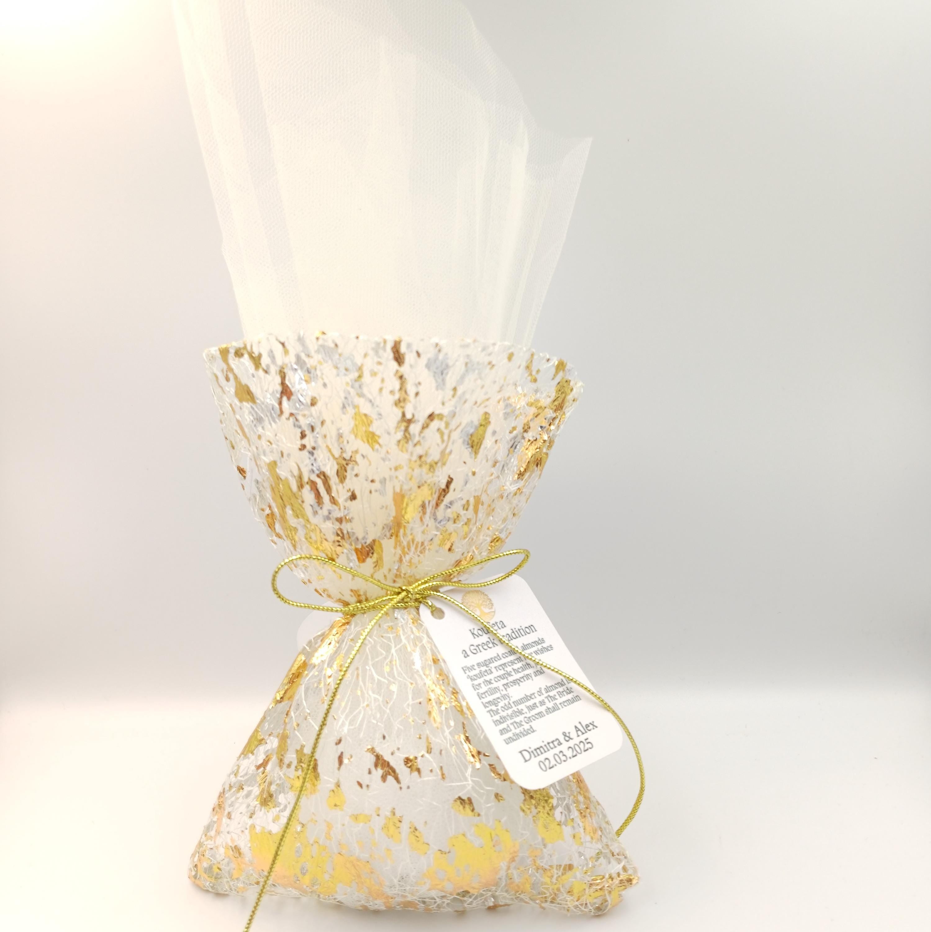Gold Wedding Favors Greek Bombonieres Gold leaves pouch with tulle , Orthodox baptism gifts Unique shimmering Wedding koufeta Favor ,10 pcs.