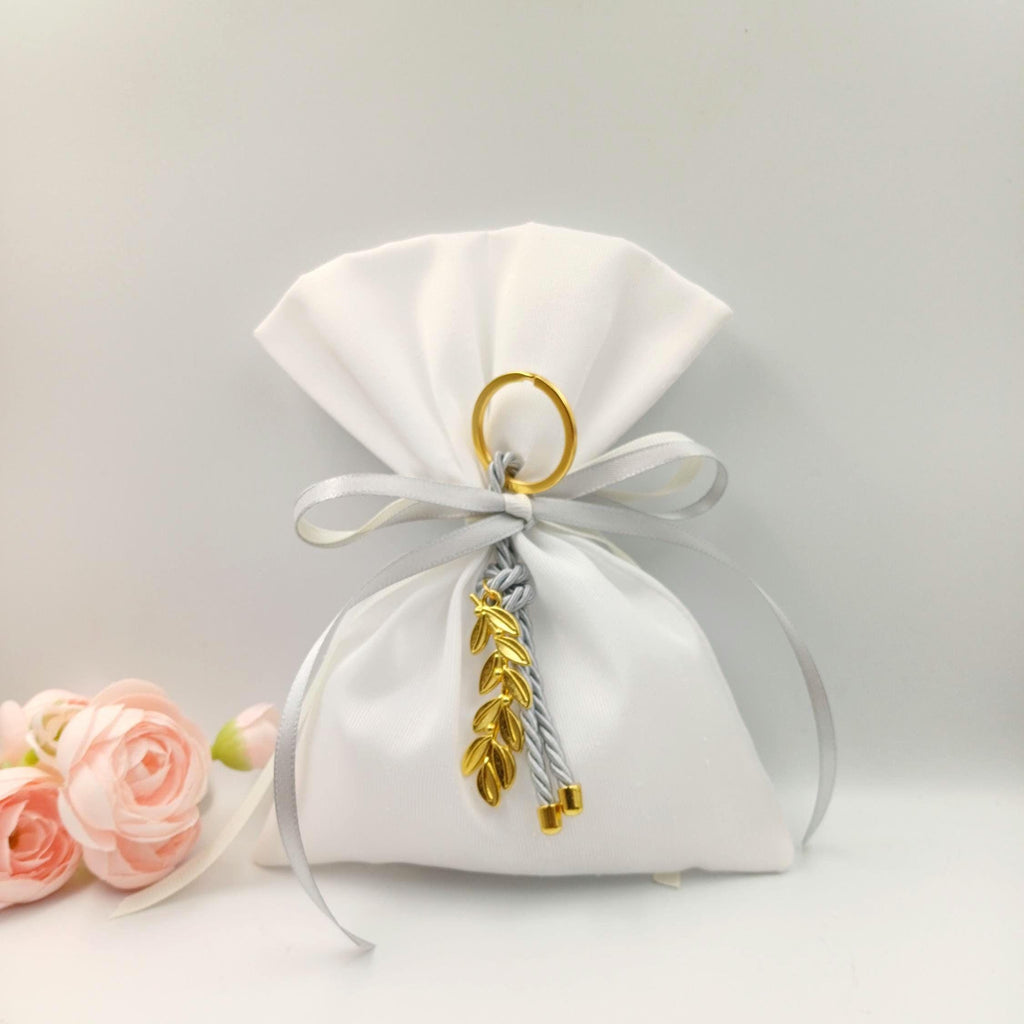 Greek Wedding Favors - Olive branch key chain Bombonieres White bags with grey keychain-Orthodox baptism - Unique Wedding Favor 10 pcs.