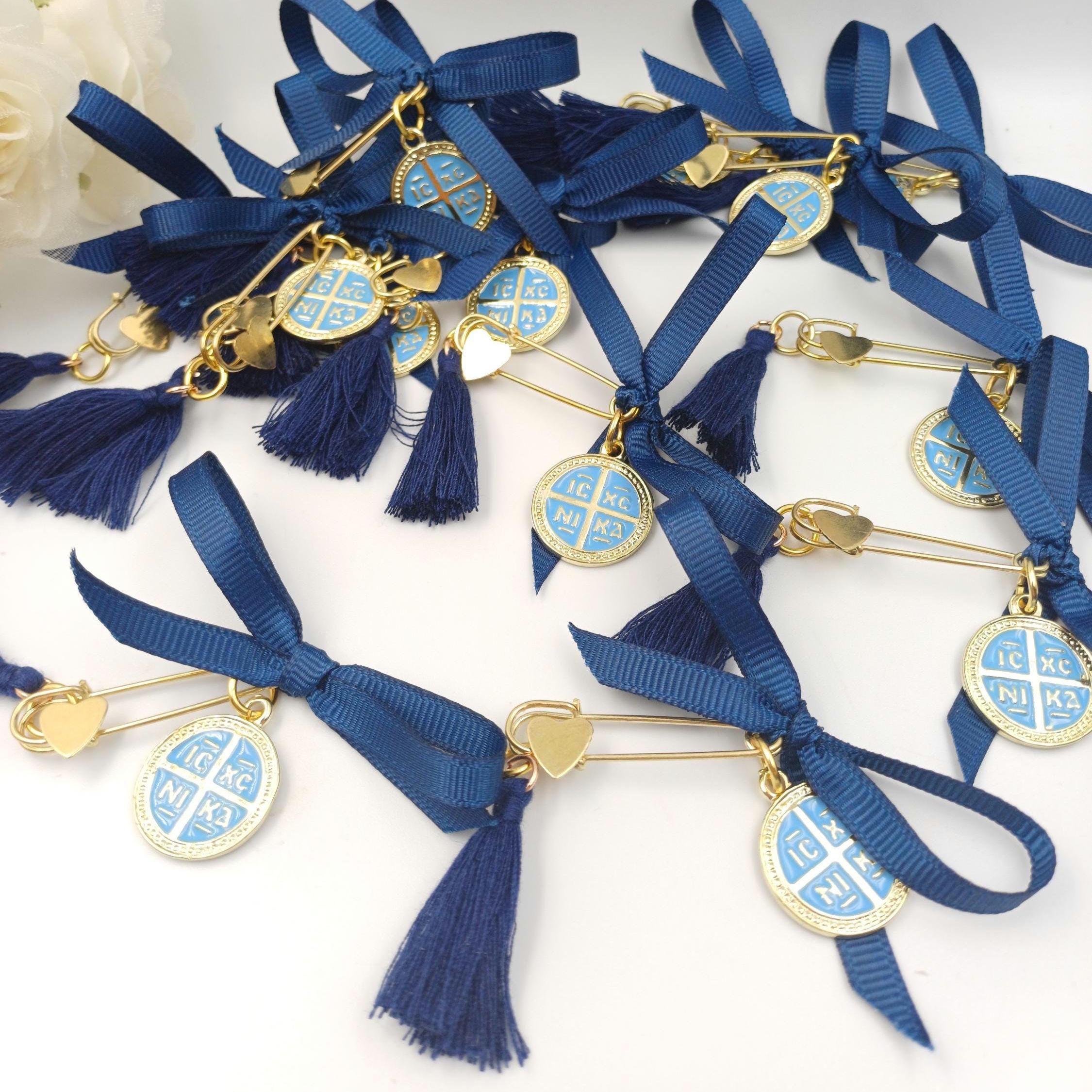 10 pcs, Cross Martyrika pins-Witness pins-safety pins-Greek Orthodox baptism favor boy- Konstantinato pin-martirika blue-Orthofox  favors