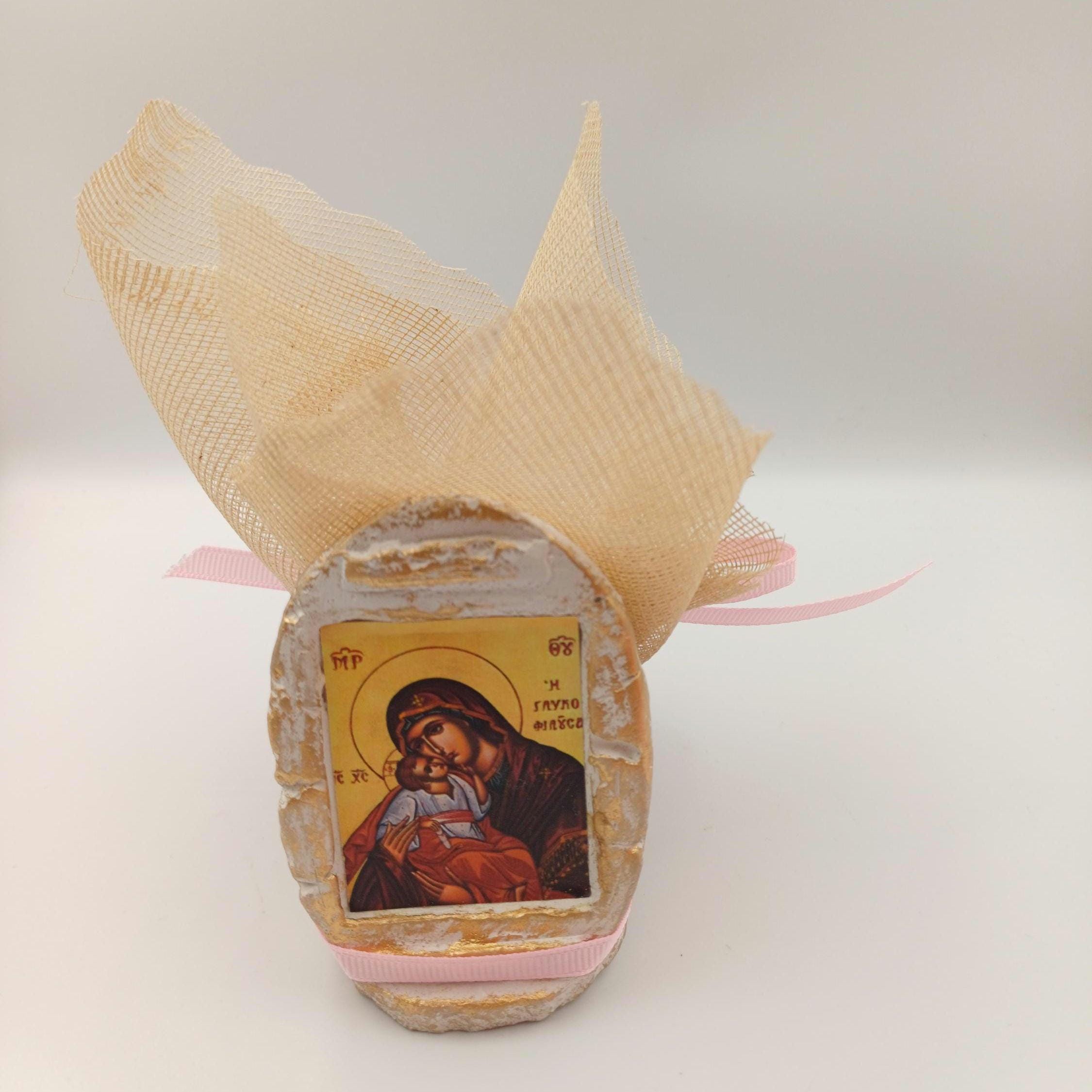 20 pcs, Greek Orthodox  baptism wedding boboniera, Tulle Mpomponiera, Christening ceramic icon favor  Panagia Boubouniera, Koufeta