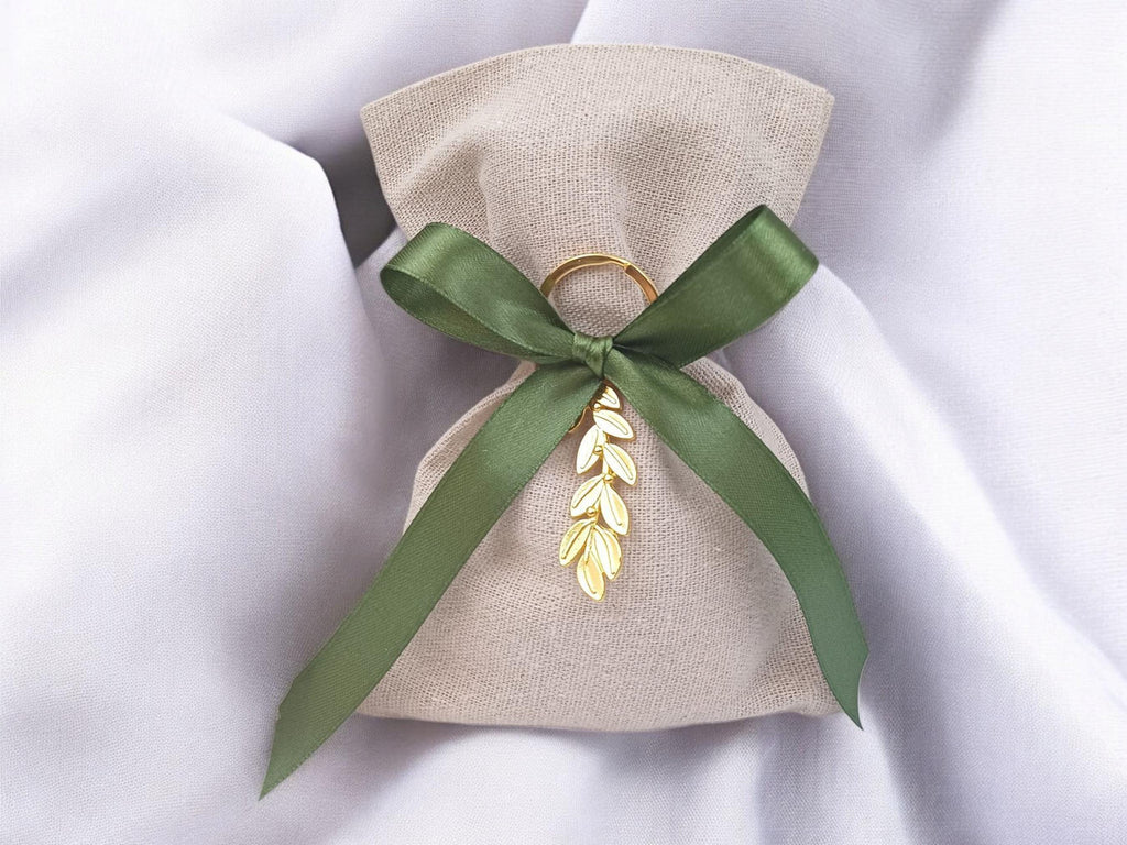 10 pcs Personalized Greek Wedding Favors – Olive Branch Bombonieres with Koufeta – Linen Pouches