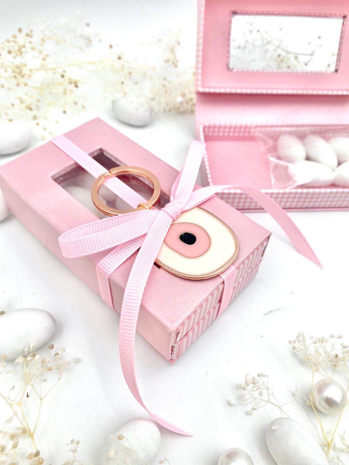 10 pcs, Greek baptism favors, Orthodox baptism ,Pink box favors, , evil Eye Keychain, Mpomponiera for girl, Bobonieres, Koufeta box baptism