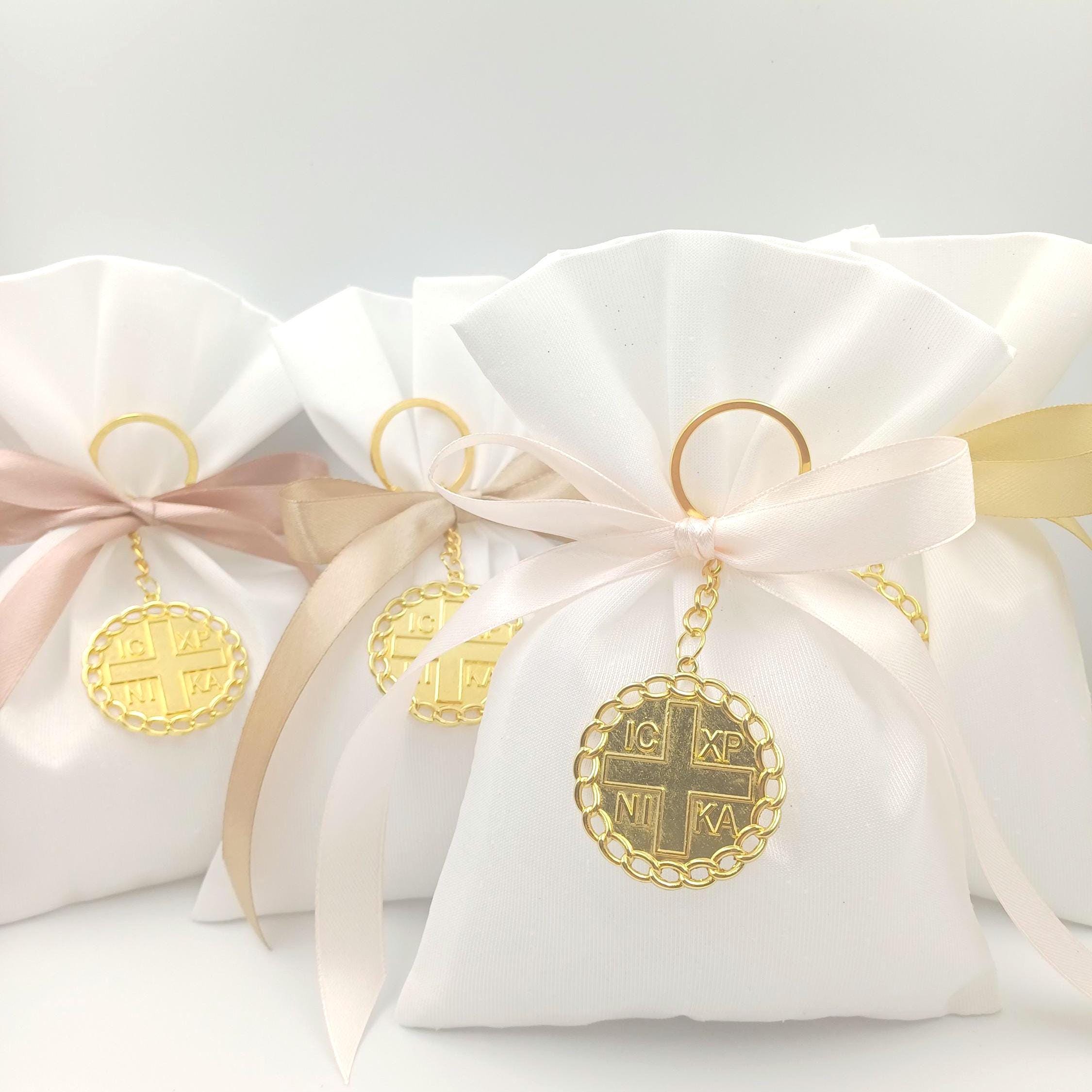 10 pcs, Greek baptism bombonieres, Orthodox Favors - ICXCNIKA Keychain- Christening Gifts for guests -Wedding bags koufeta  jordan almond.