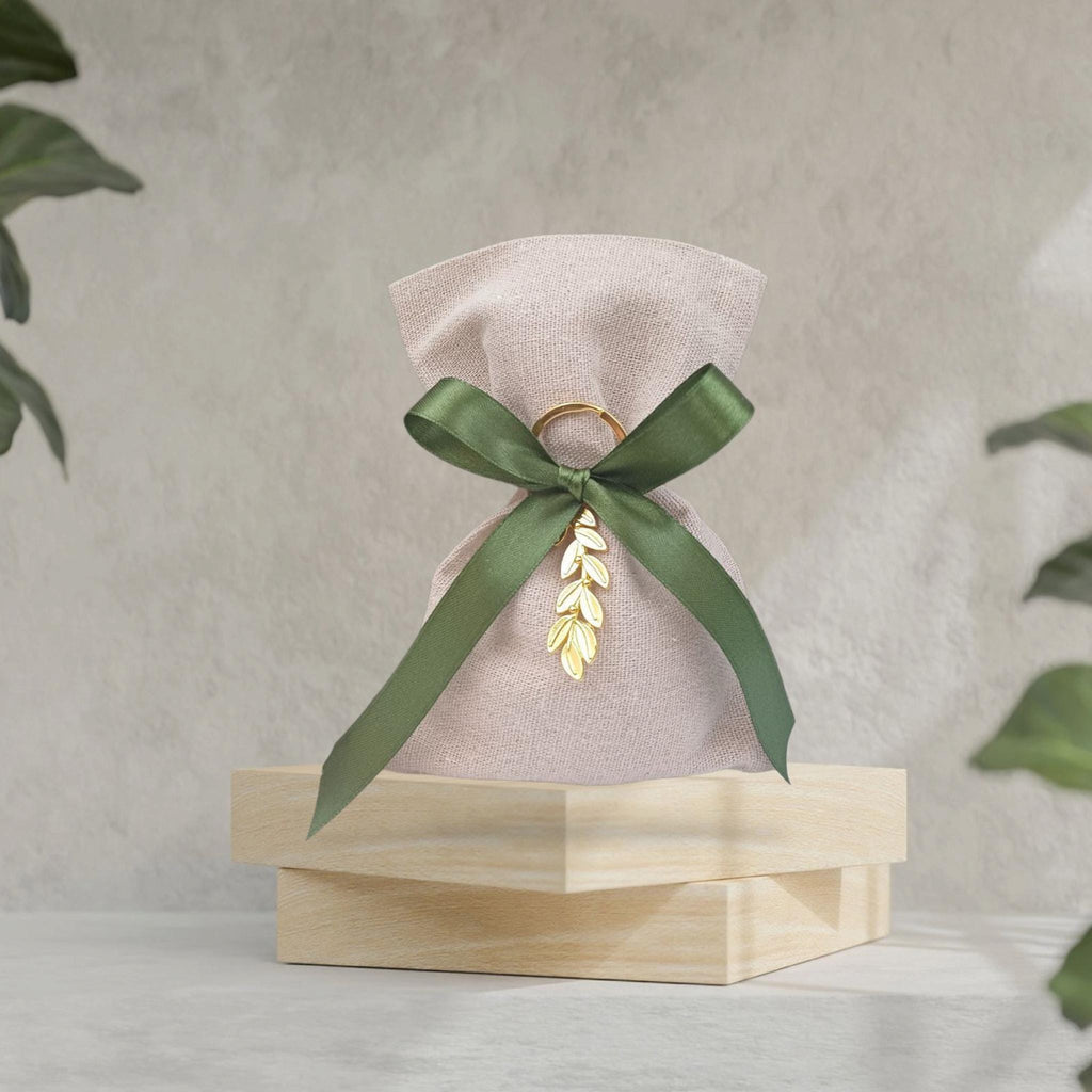 10 pcs Personalized Greek Wedding Favors – Olive Branch Bombonieres with Koufeta – Linen Pouches
