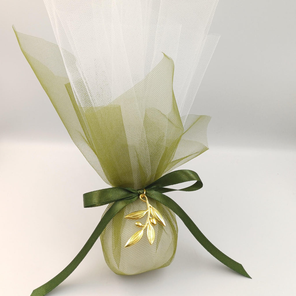 Wedding Favor with Olive Tree Branch in olive green tulle, Greek Orthodox Wedding Bombonieres, traditional tulle koufeta bags, 10pcs.