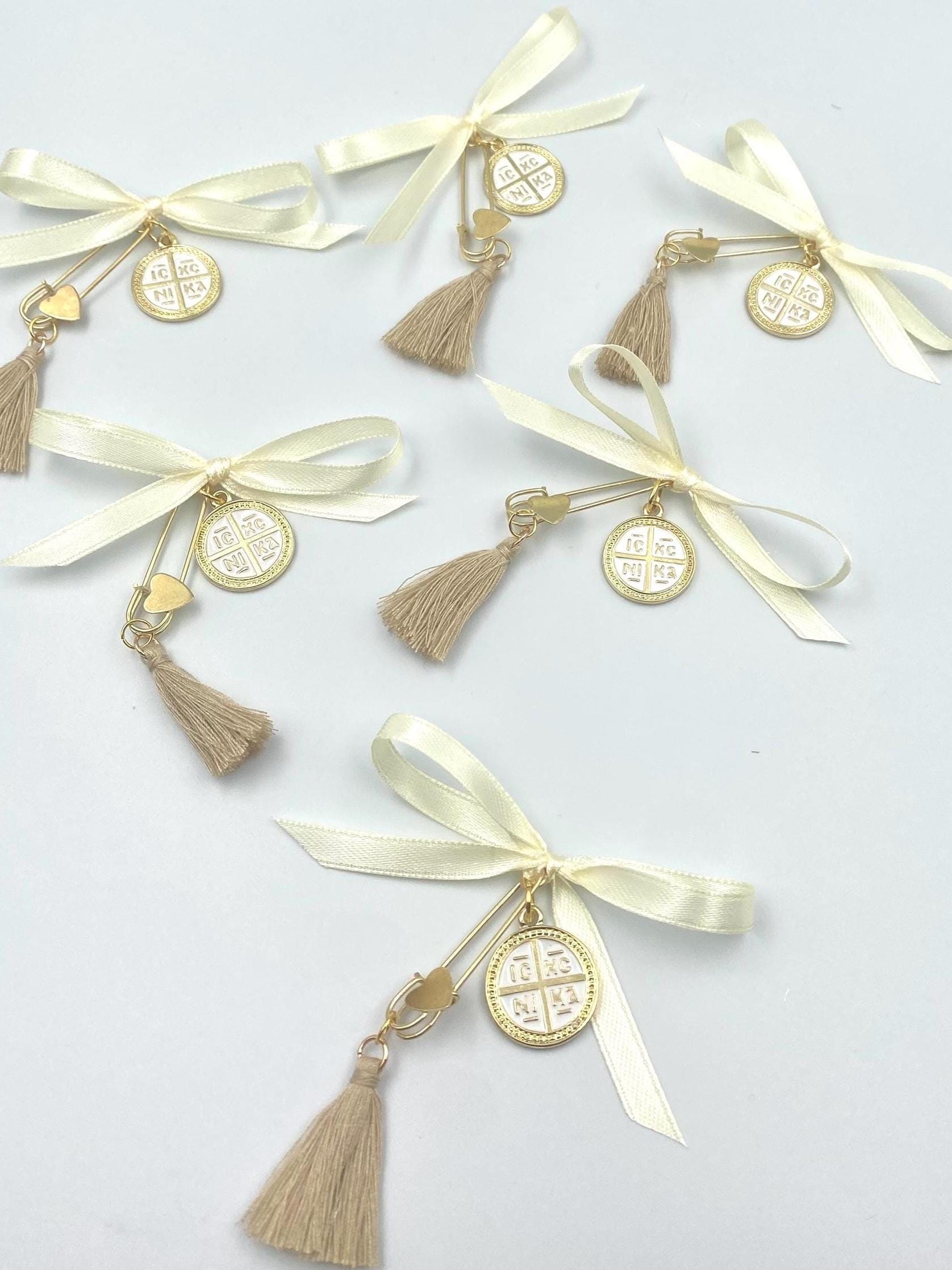 Christening enamel byzantine cross witness pins first communion favor greek orthodox baptism martyrika with gold white cross ICXCNIKA,10 pcs