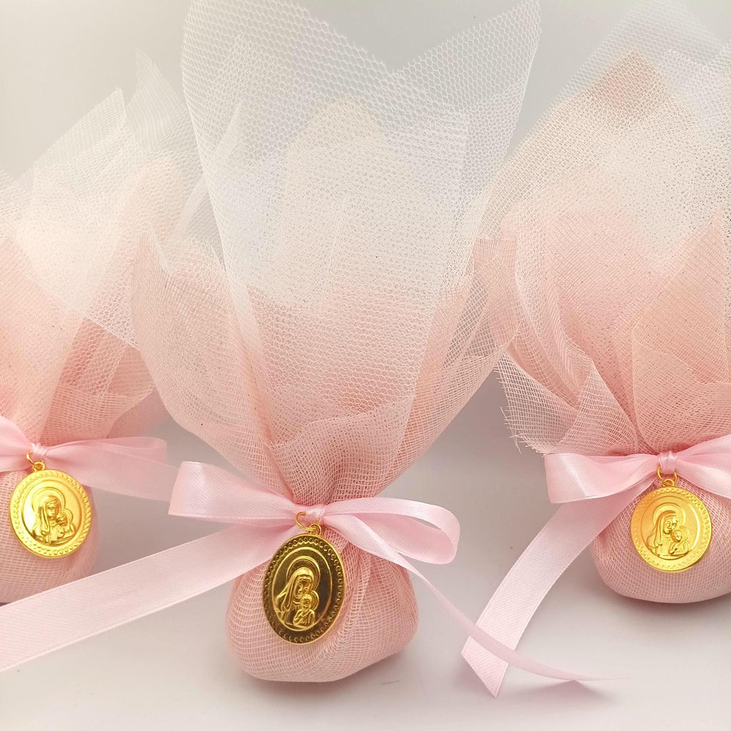 Ιcon Favors Greek baptism boboniera Koufeta Christening Panagia and Christos icon, Mary and Jesus pink tulle Orthodox favor for girl,10 pcs.