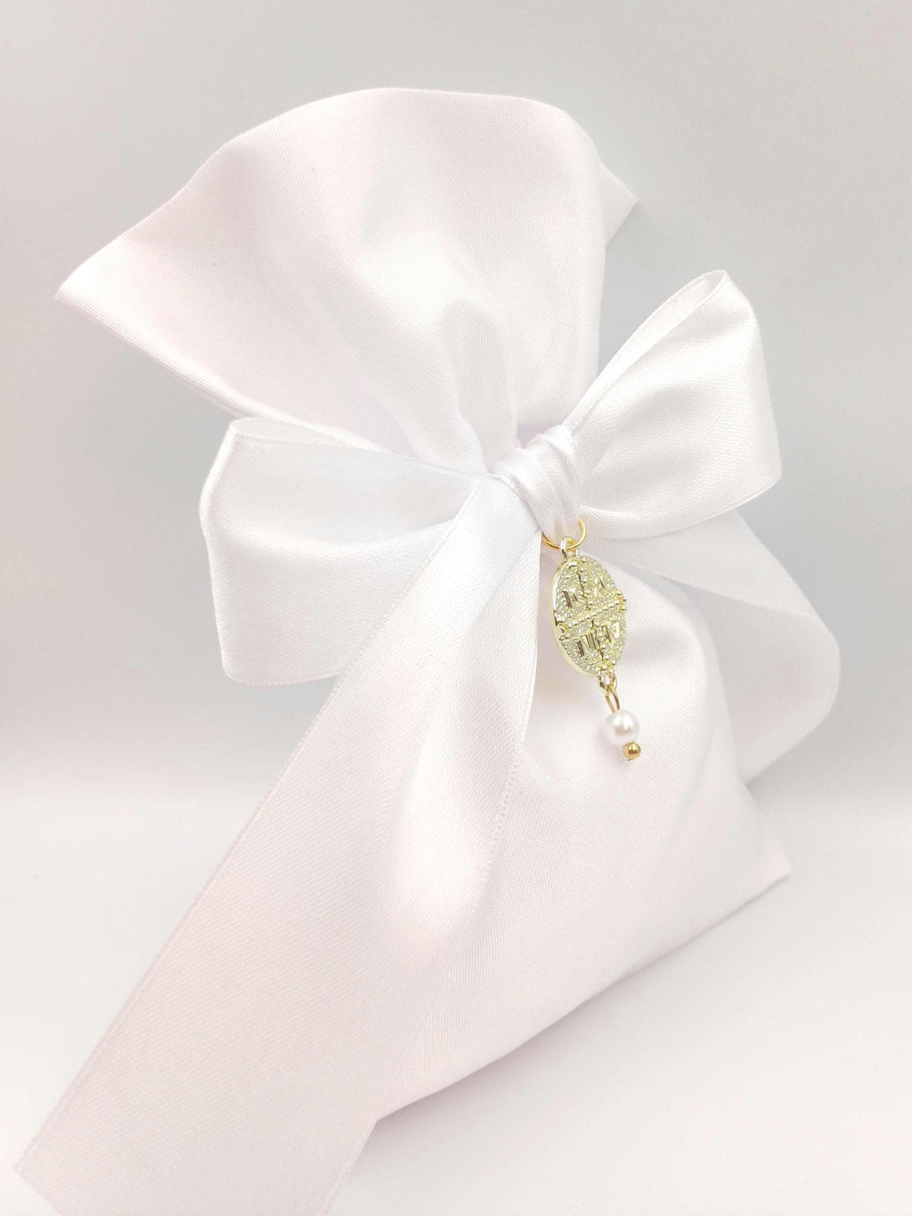 Elegant White Baptism Favor with Gold Byzantine Cross & Pearl Greek Orthodox Christening Bomboniere,Pearl Wedding Favor,koufeta bag  10 pcs.