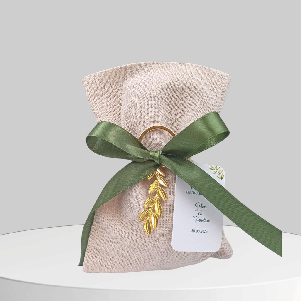 10 pcs Personalized Greek Wedding Favors – Olive Branch Bombonieres with Koufeta – Linen Pouches