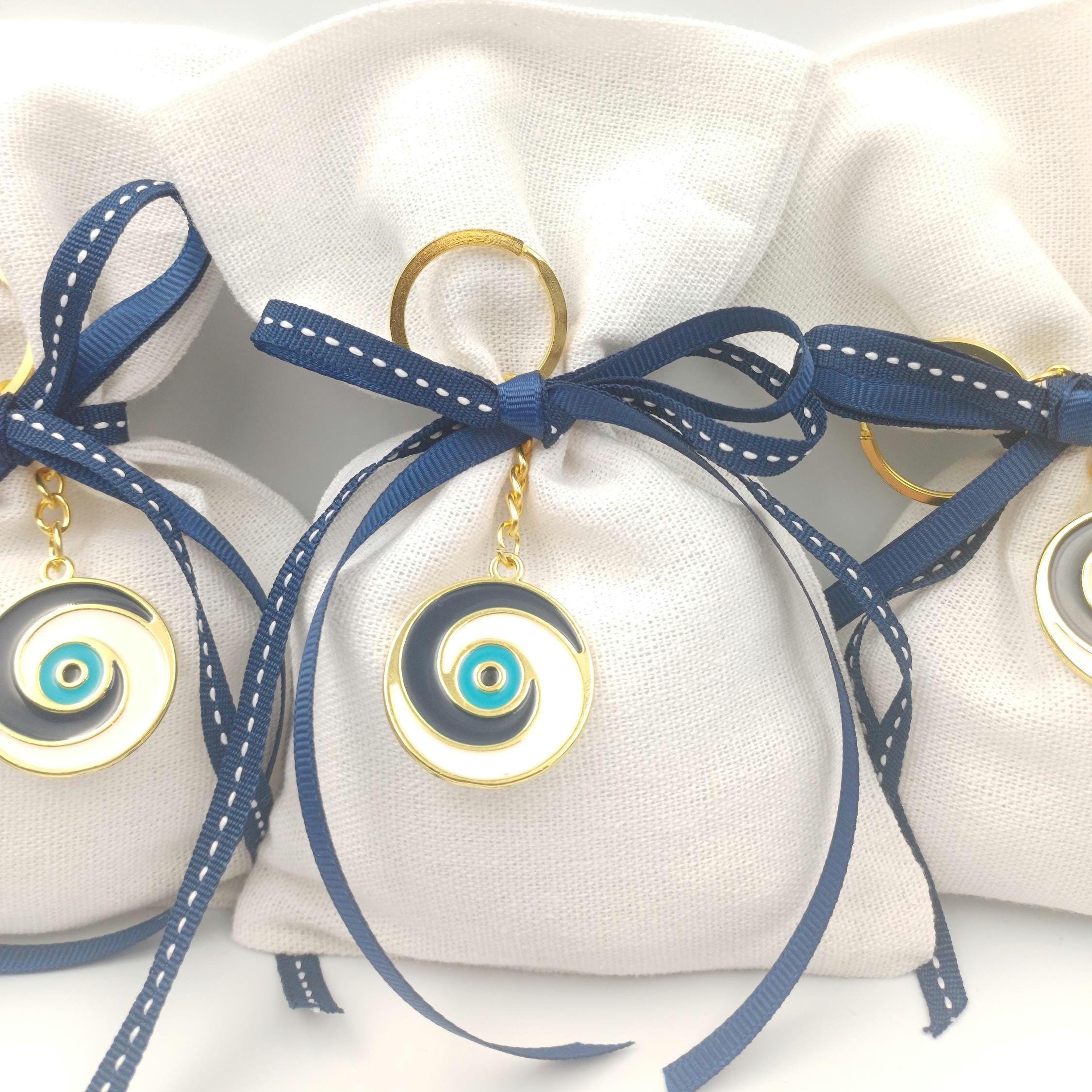 10 pcs, Greek baptism bombonieres, Orthodox Favors - Evil Eye Martyrika Keychain- Linen gift bags -Mibautizo -boy baptismal communion favors