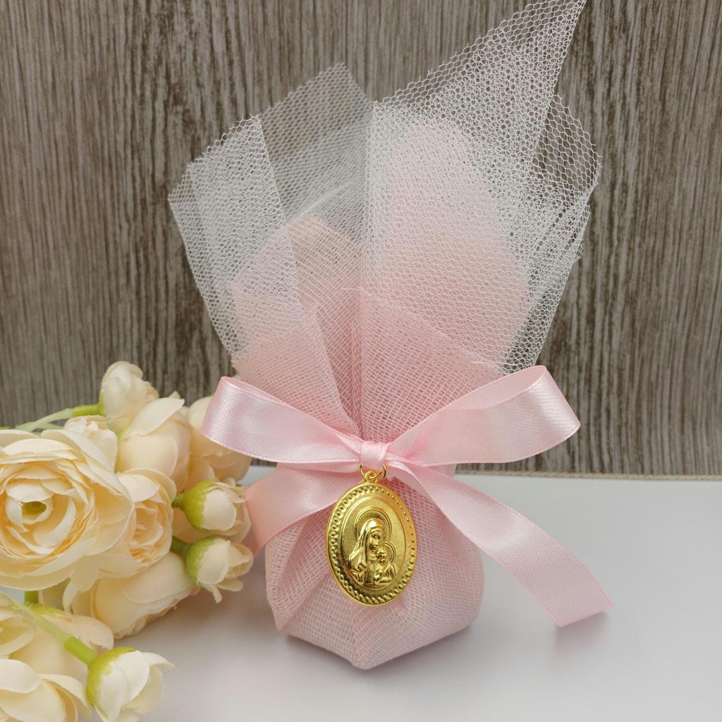 Ιcon Favors Greek baptism boboniera Koufeta Christening Panagia and Christos icon, Mary and Jesus pink tulle Orthodox favor for girl,10 pcs.