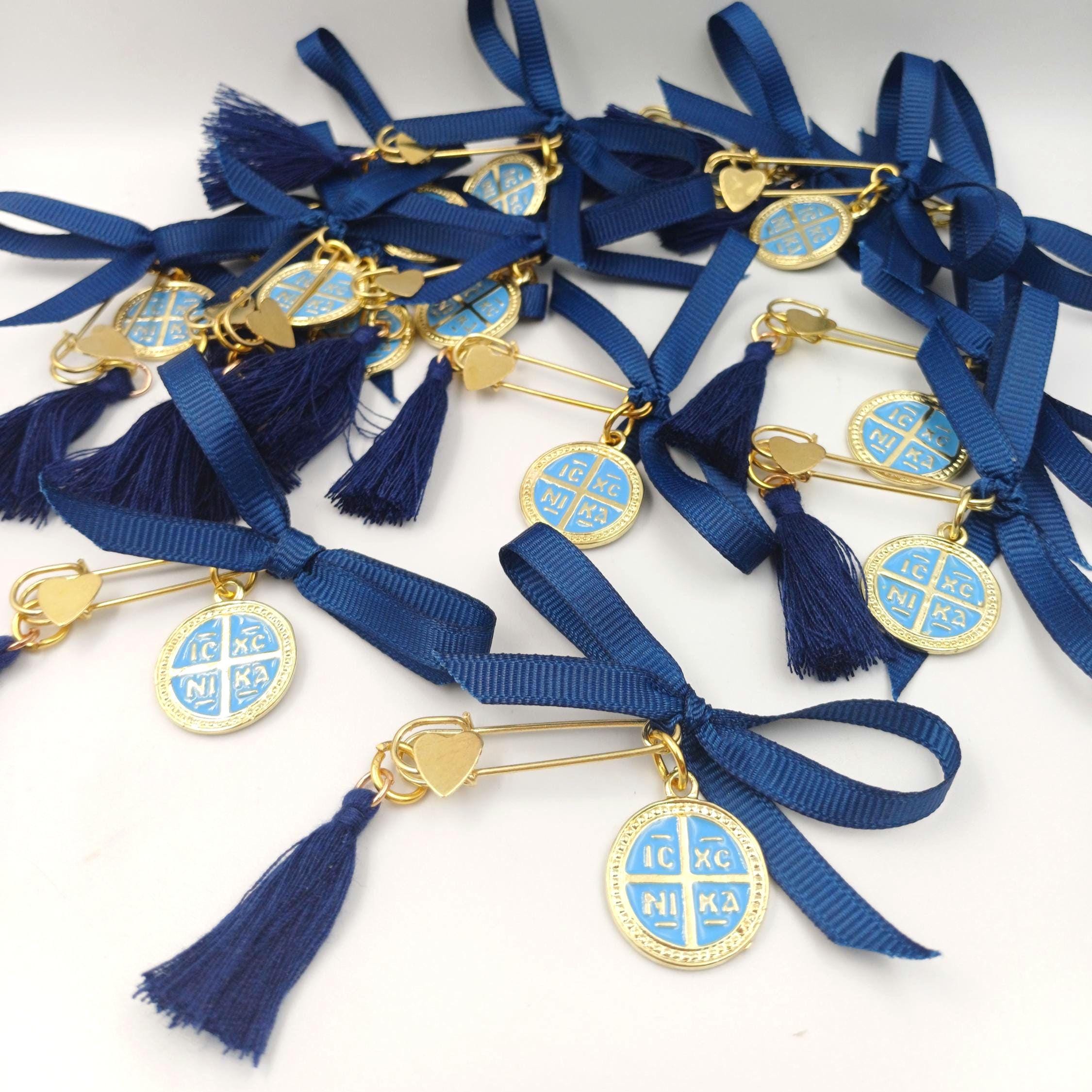 10 pcs, Cross Martyrika pins-Witness pins-safety pins-Greek Orthodox baptism favor boy- Konstantinato pin-martirika blue-Orthofox  favors