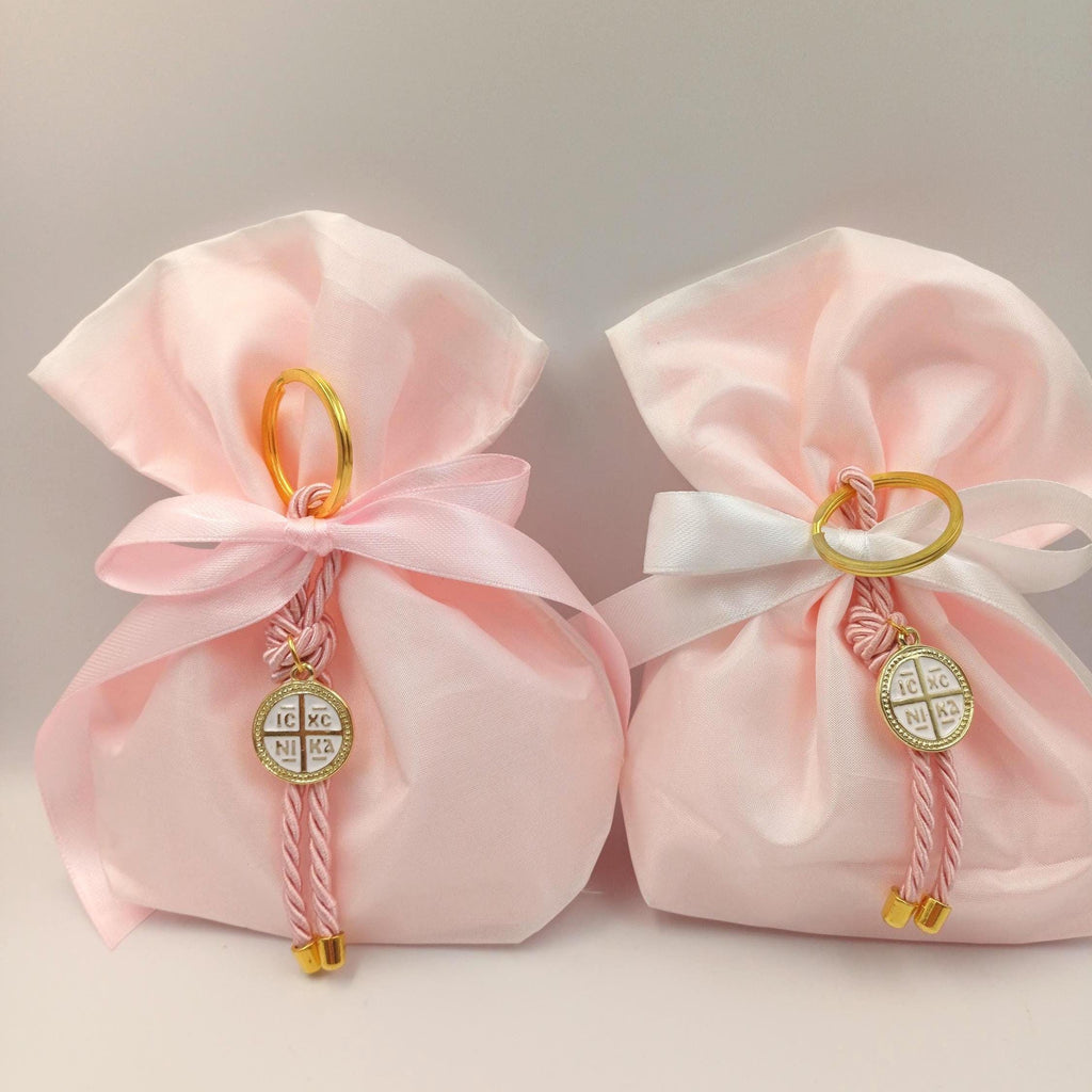 10 pcs, Greek Orthodox pink baptism boubounieres, Cross keychain Martyrika,Girl baptism, Koufeta, baptism favors,Koufeta Almond candy pouch.