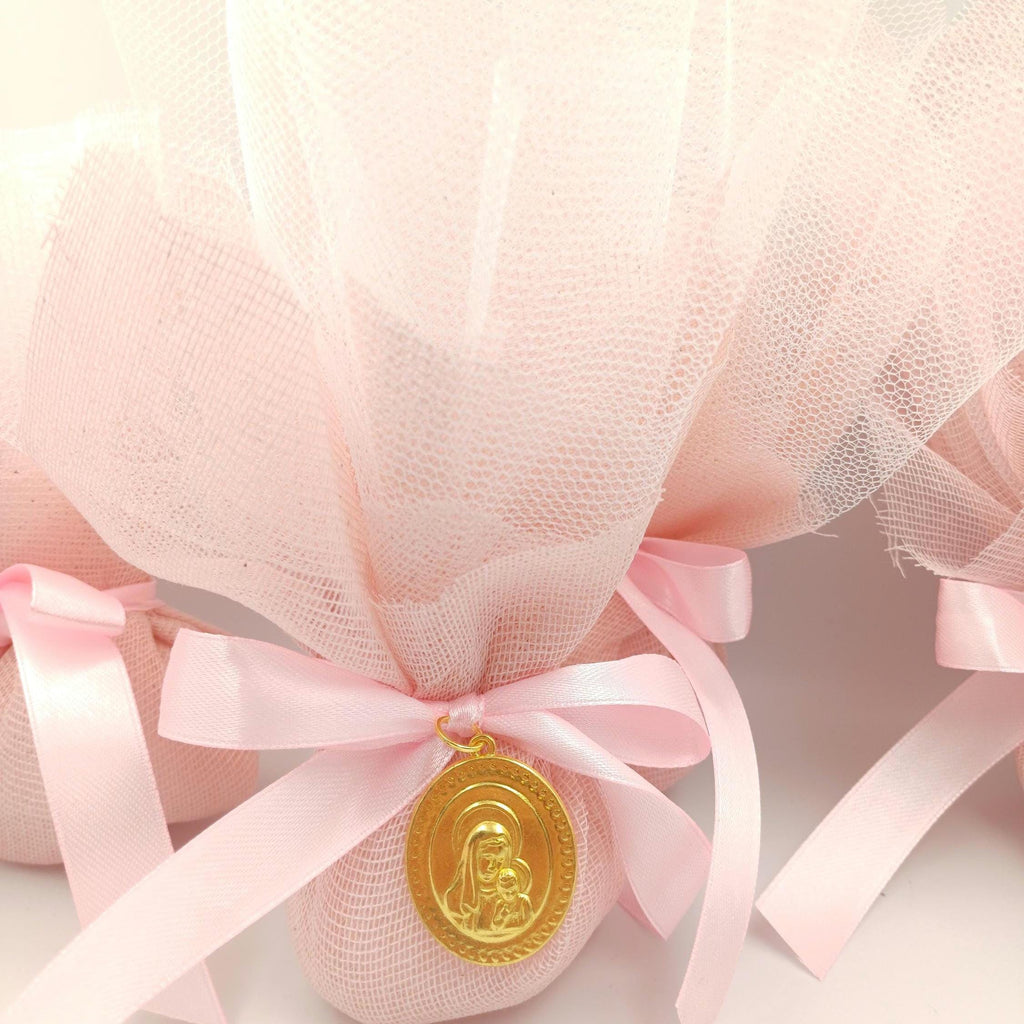 Ιcon Favors Greek baptism boboniera Koufeta Christening Panagia and Christos icon, Mary and Jesus pink tulle Orthodox favor for girl,10 pcs.