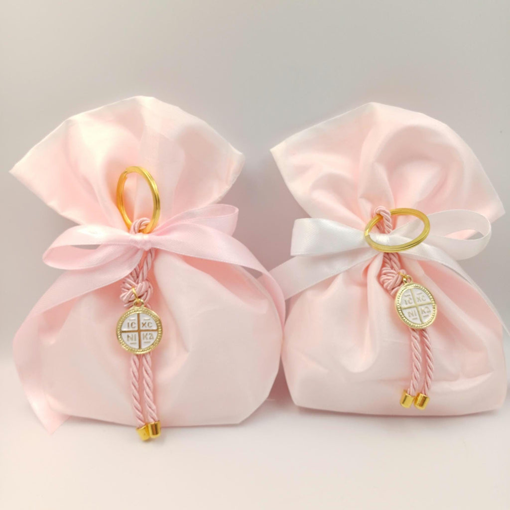 10 pcs, Greek Orthodox pink baptism boubounieres, Cross keychain Martyrika,Girl baptism, Koufeta, baptism favors,Koufeta Almond candy pouch.