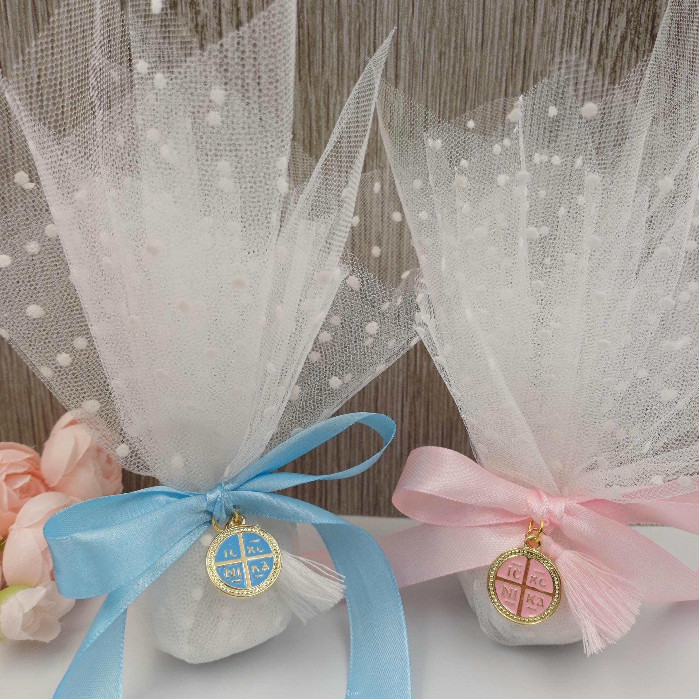Baptism favors for guests girl Greek Orthodox cross tulle bobonieres,first communion favors koufeta sugared almond ,baptism souvenir, 10 pcs