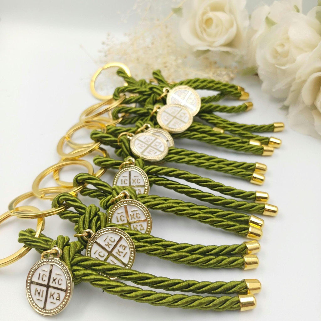 10 pcs, Olive favors Key chain cross baptism favors, Greek wedding witness gifts, Orthodox baptism olive green Martyrika konstantinato cross