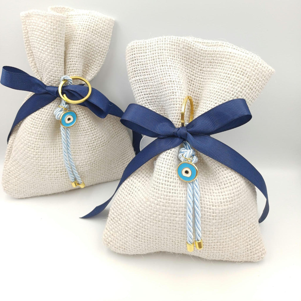 10 pcs, Baptism Almond Candy Favors, Greek Orthodox bombonieres, Baby Shower gifts ,Rustic Baptism Favors burlap bag, Evil eye keychain.
