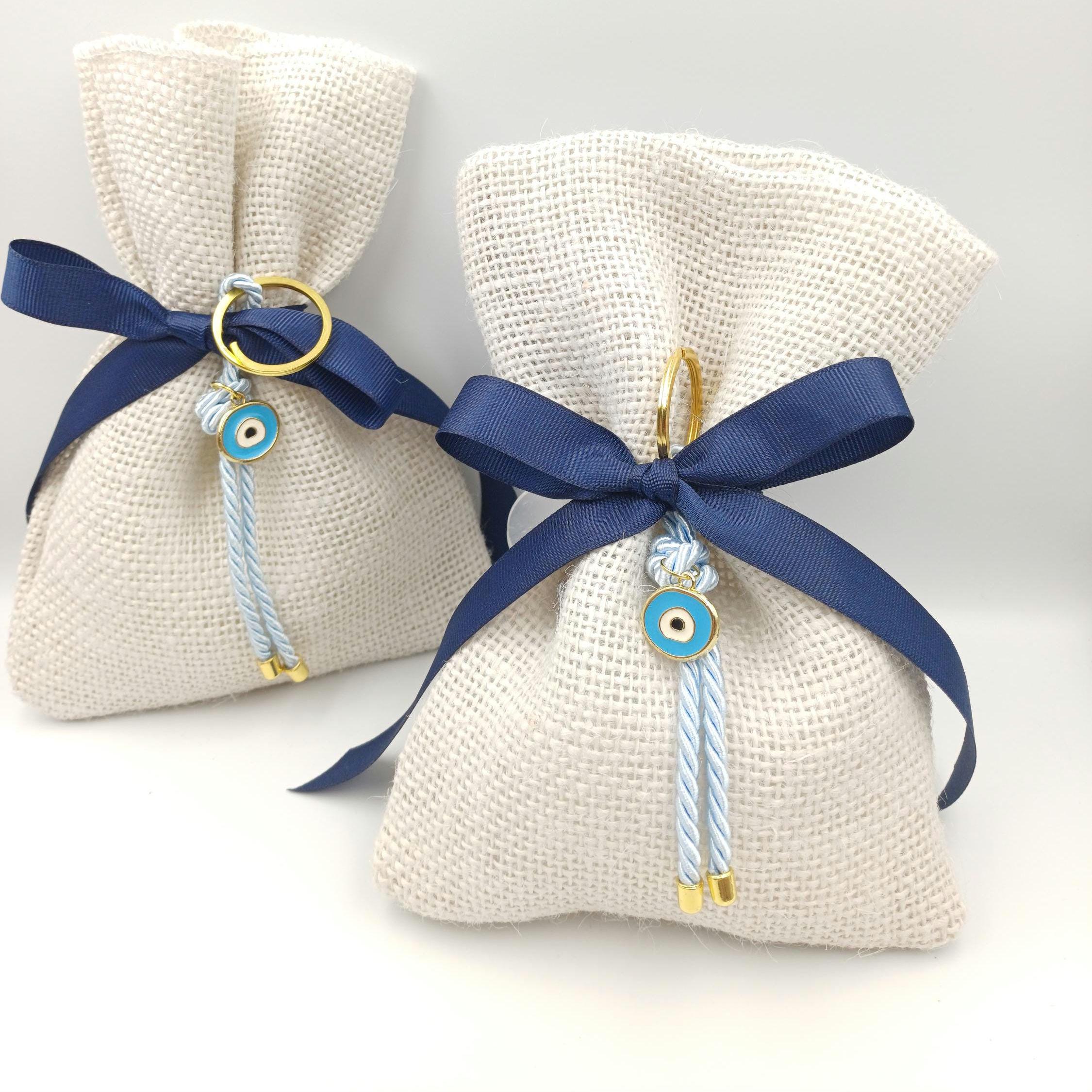 10 pcs, Baptism Almond Candy Favors, Greek Orthodox bombonieres, Baby Shower gifts ,Rustic Baptism Favors burlap bag, Evil eye keychain.