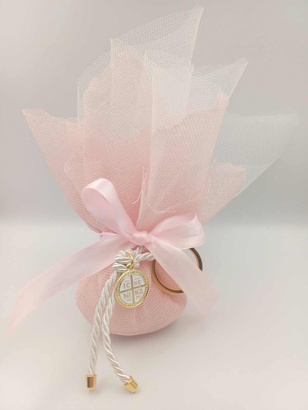 10 pcs,Baptism cross keychain Favors, Greek baptism boboniera Koufeta Christening pink tulle Orthodox favor for girl,baby shower gifts.