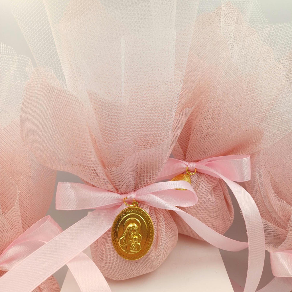 Ιcon Favors Greek baptism boboniera Koufeta Christening Panagia and Christos icon, Mary and Jesus pink tulle Orthodox favor for girl,10 pcs.