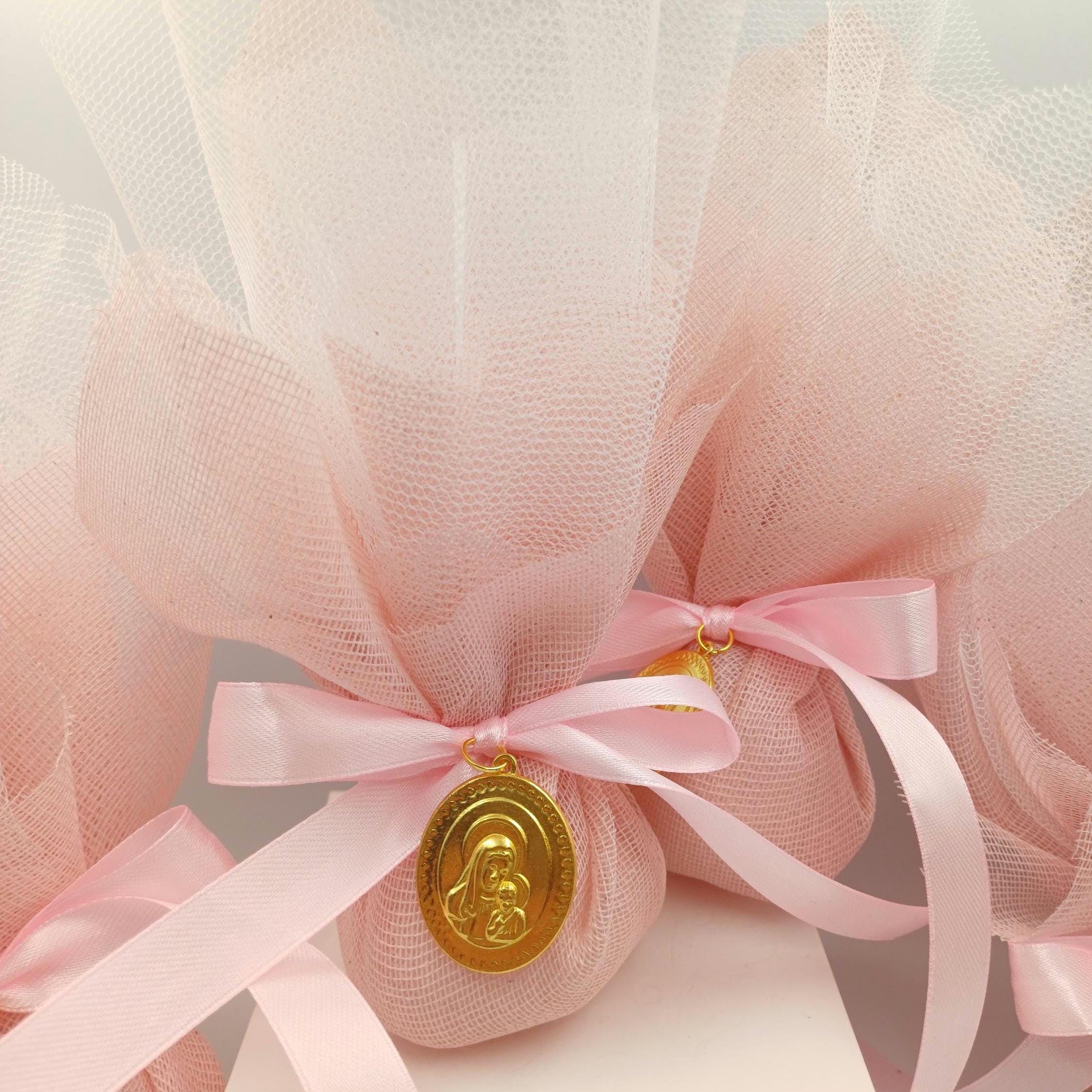 Ιcon Favors Greek baptism boboniera Koufeta Christening Panagia and Christos icon, Mary and Jesus pink tulle Orthodox favor for girl,10 pcs.