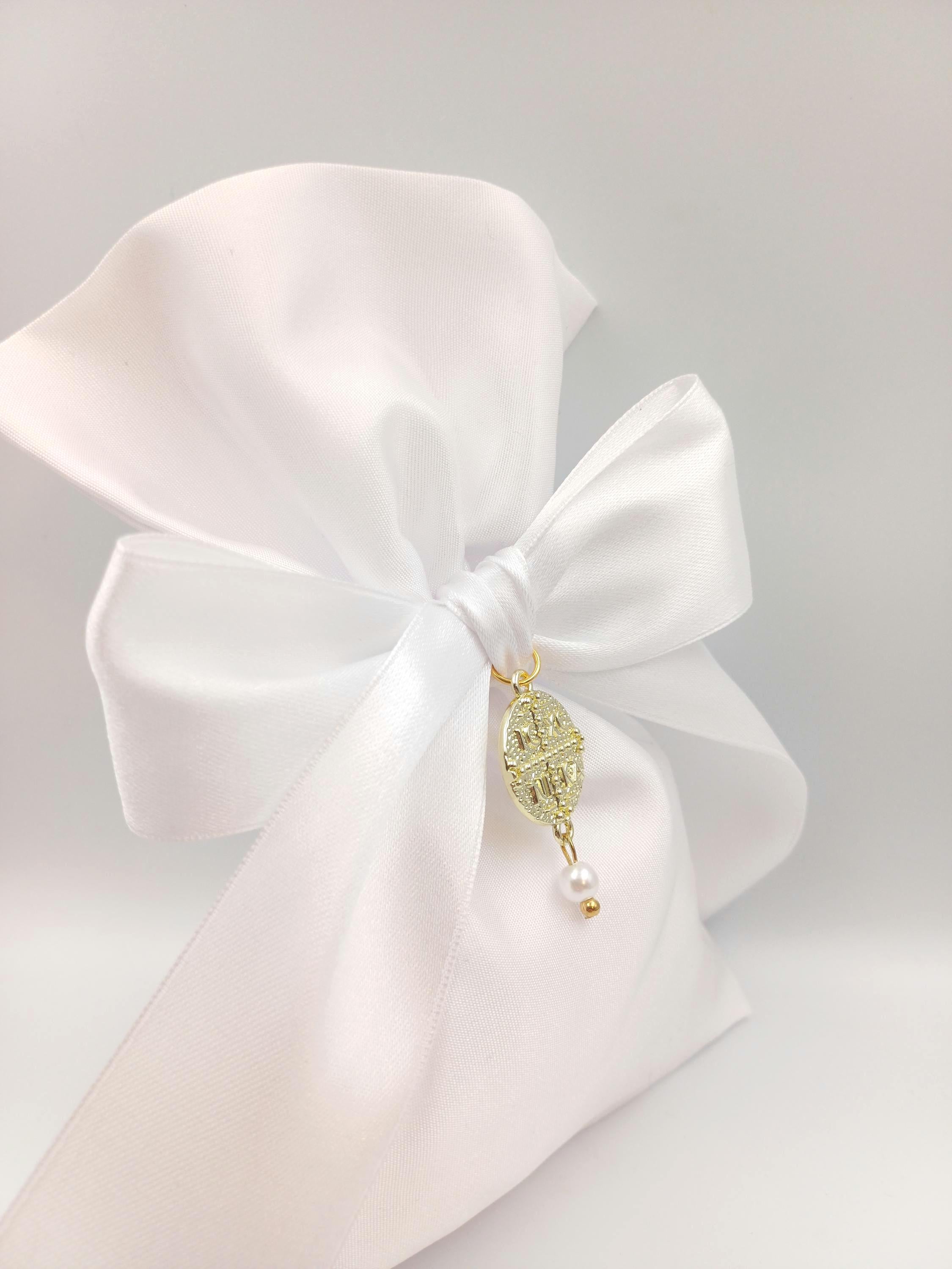 Elegant White Baptism Favor with Gold Byzantine Cross & Pearl Greek Orthodox Christening Bomboniere,Pearl Wedding Favor,koufeta bag  10 pcs.