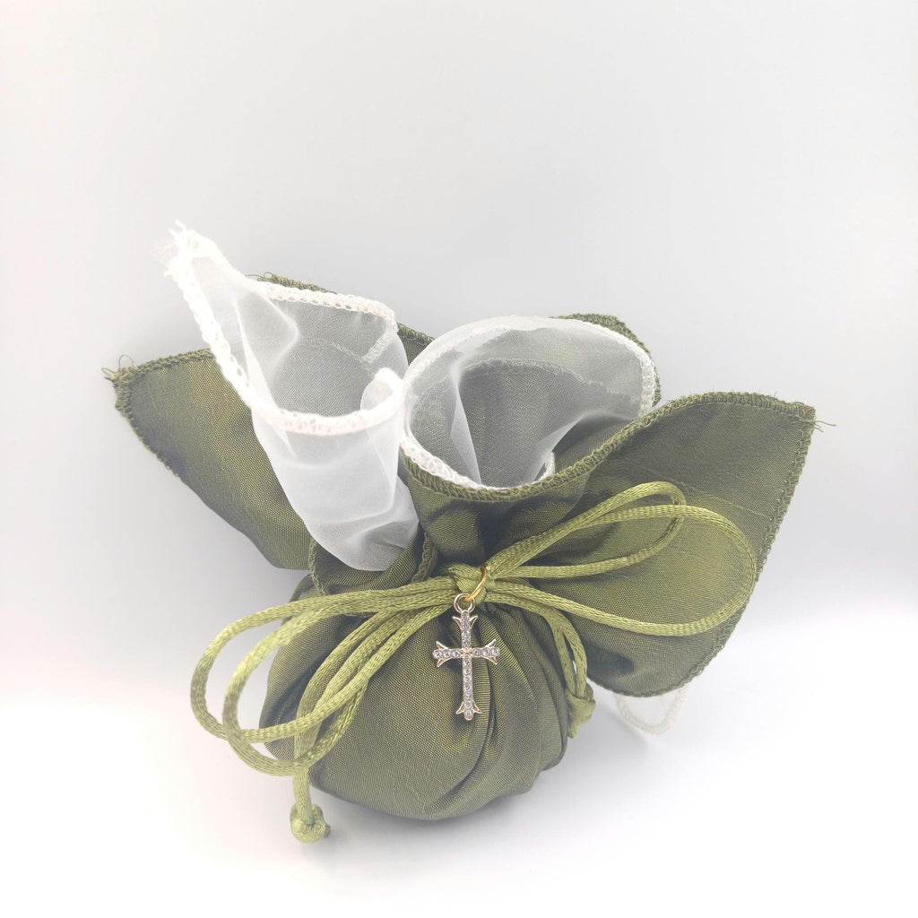 Baptism cross Favor olive green taffeta pouch, Greek Orthodox Wedding Bombonieres,bribal shower gift, traditional tulle koufeta bags, 10pcs.