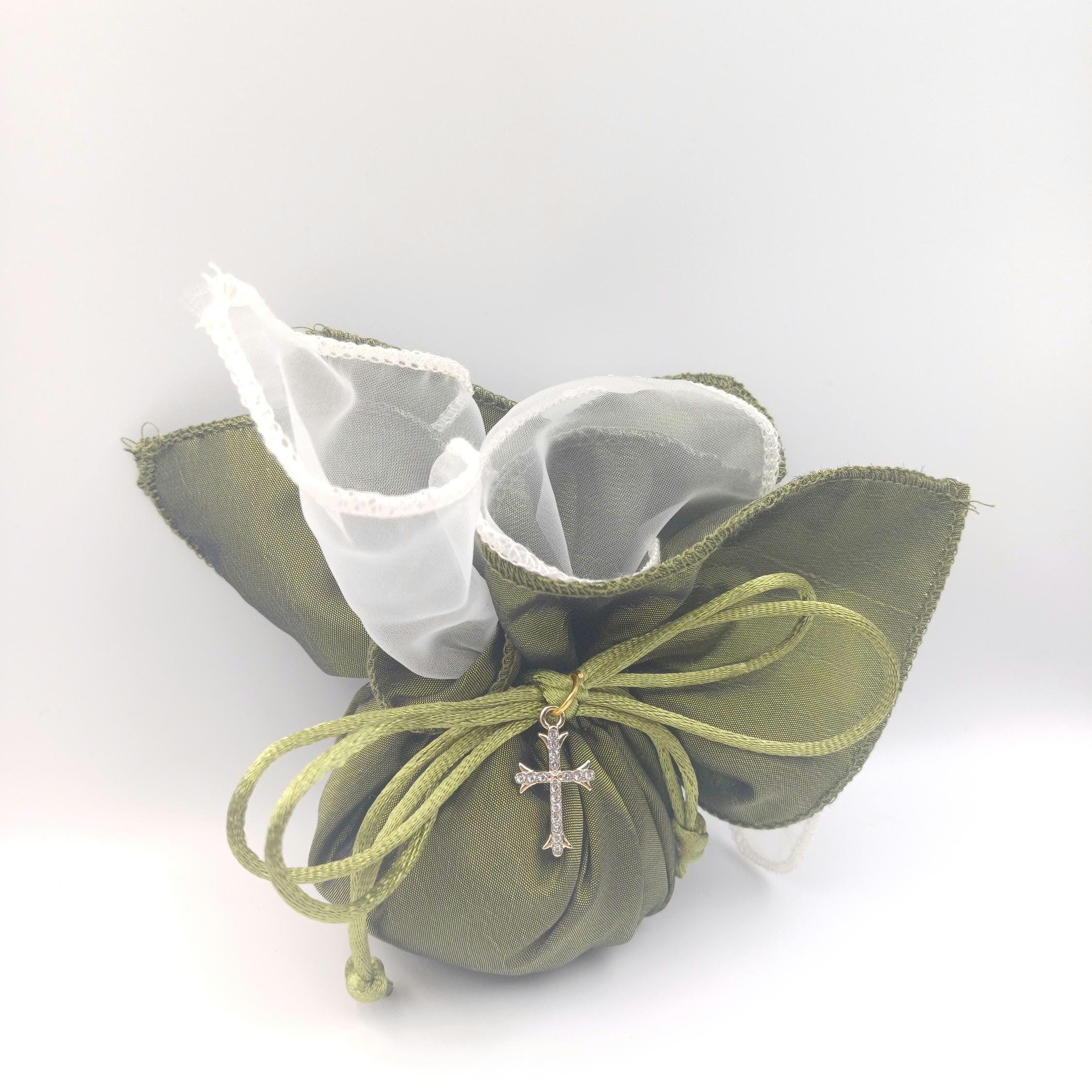 Baptism cross Favor olive green taffeta pouch, Greek Orthodox Wedding Bombonieres,bribal shower gift, traditional tulle koufeta bags, 10pcs.