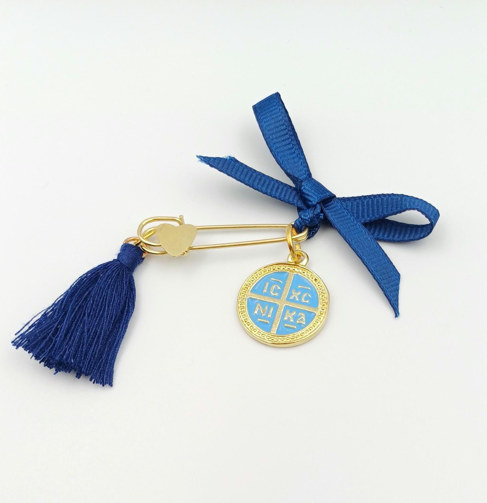 10 pcs, Cross Martyrika pins-Witness pins-safety pins-Greek Orthodox baptism favor boy- Konstantinato pin-martirika blue-Orthofox  favors