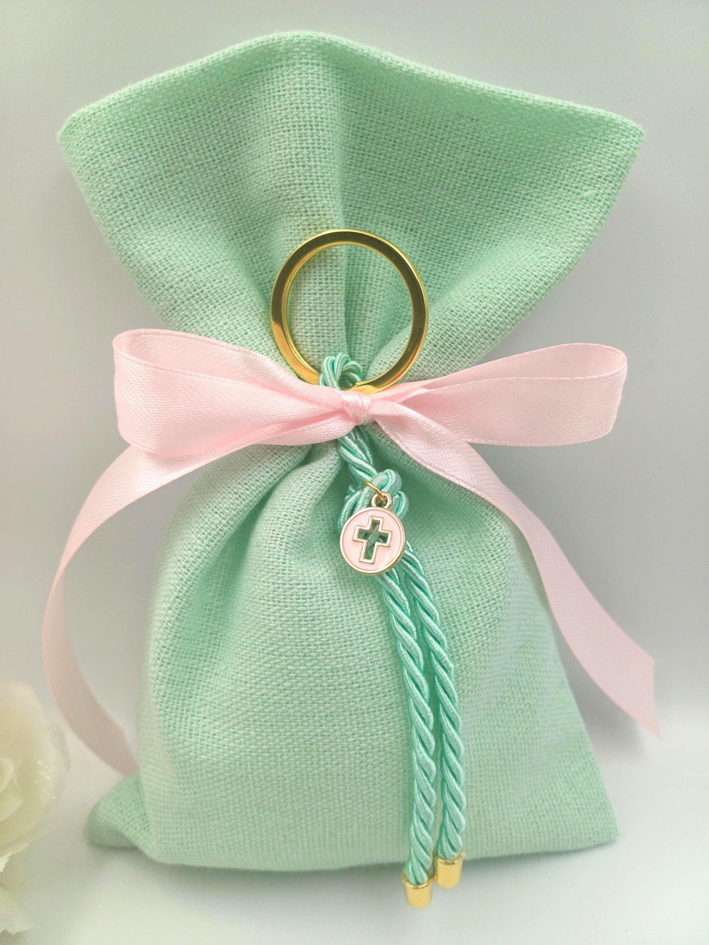 Baptism favors , Greek Orthodox baptism bomboniera almond candy mint green linen bags, Communion italian favors, cross keychain favor 10pcs.