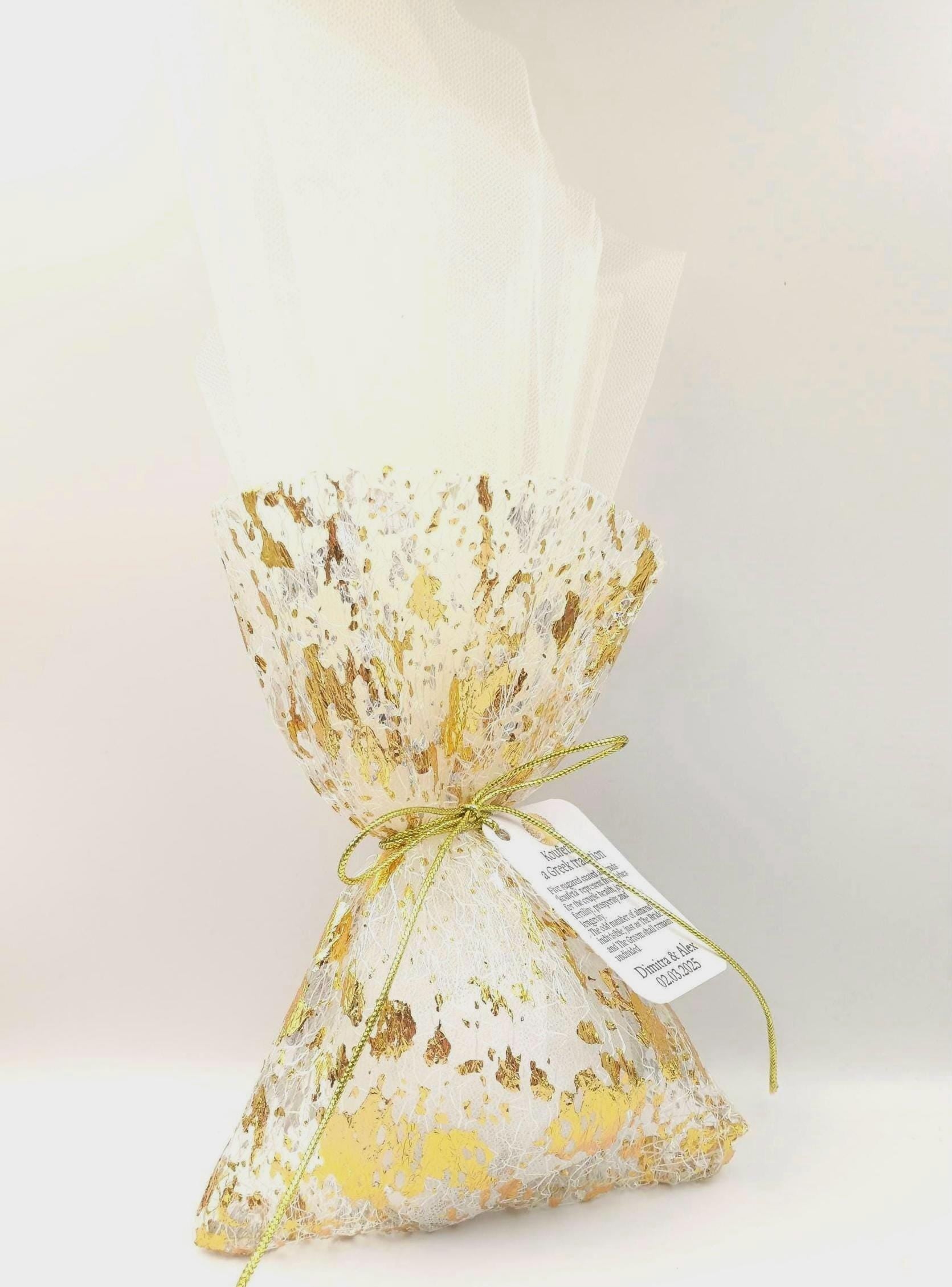 Gold Wedding Favors Greek Bombonieres Gold leaves pouch with tulle , Orthodox baptism gifts Unique shimmering Wedding koufeta Favor ,10 pcs.