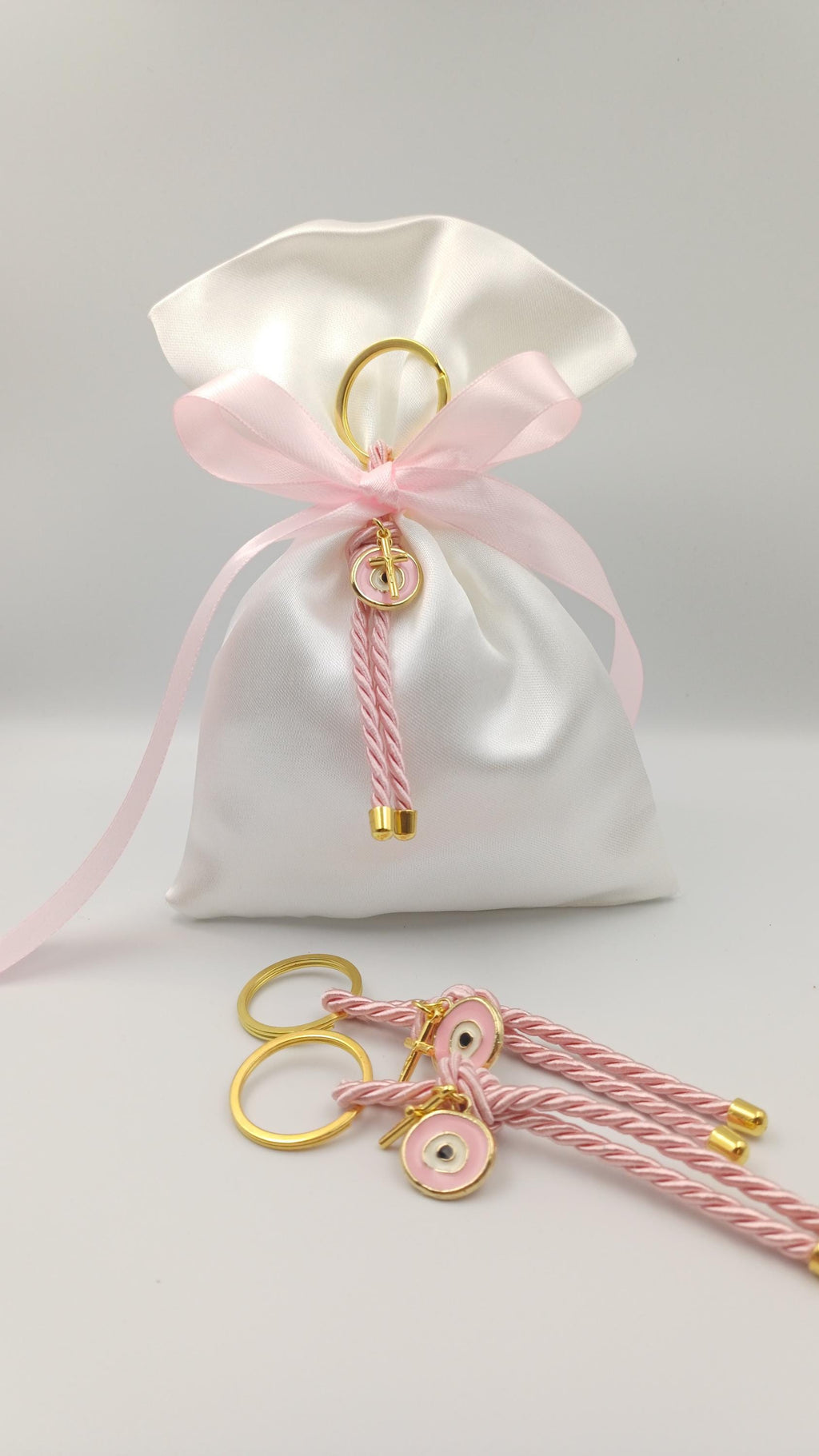 10 pcs, Greek baptism favor bombonieres, Orthodox baptism Evil eye and cross Keychain favors, Girl baptism,Koufeta, Almond candy satin bags.