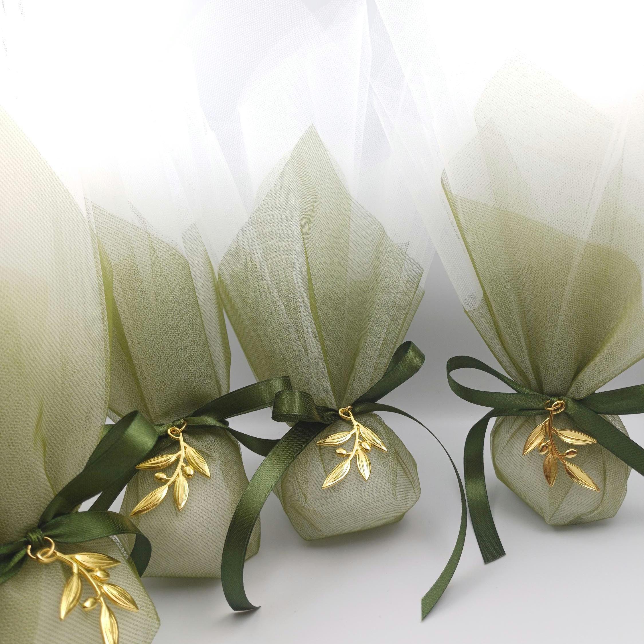 Wedding Favor with Olive Tree Branch in olive green tulle, Greek Orthodox Wedding Bombonieres, traditional tulle koufeta bags, 10pcs.