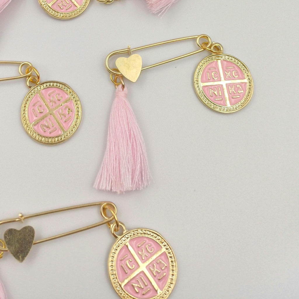 10 pcs, Martyrika Safe pins Baptism girl, Greek Orthodox baptism byzantine cross ICXCNIKA  Christening Martirika cross favors,Witness pins