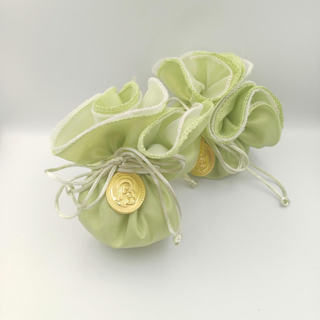 Baptism icon Favor mint green taffeta bag, Greek Orthodox Panagia and Christos Bombonieres,, traditional koufeta bags, Communion favor 10pcs