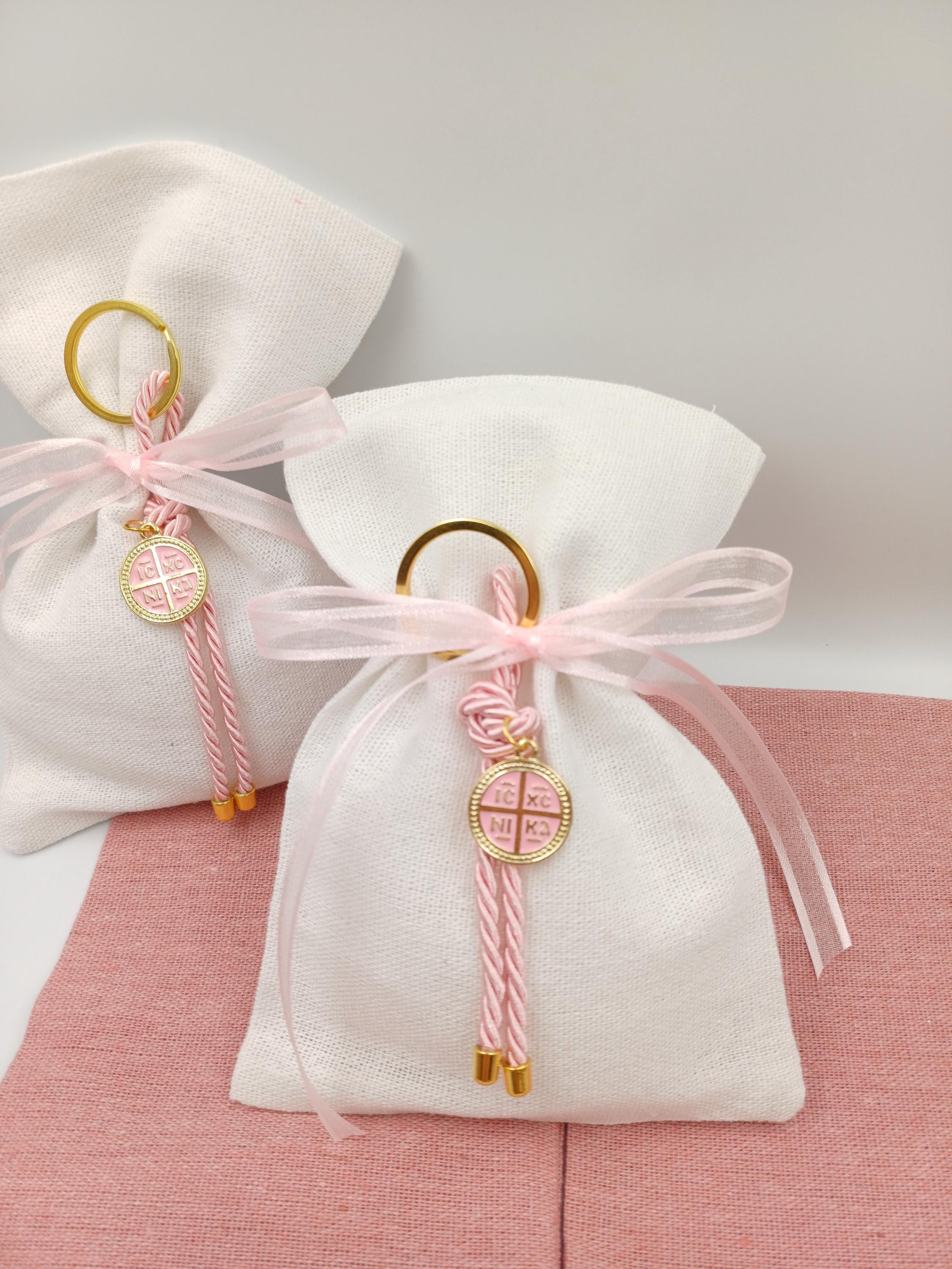 10 pcs, Orthodox baptism boubounieres koufeta, Martyrika cross keychain girl,Greek Orthodox  baptism favors ,Linen bags jordan Almond candy.