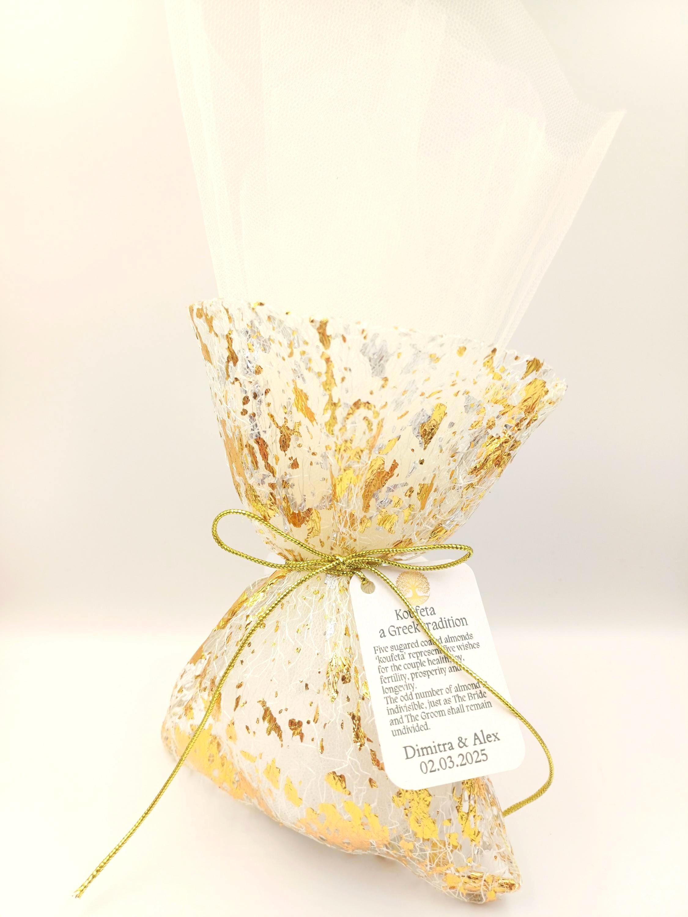 Gold Wedding Favors Greek Bombonieres Gold leaves pouch with tulle , Orthodox baptism gifts Unique shimmering Wedding koufeta Favor ,10 pcs.