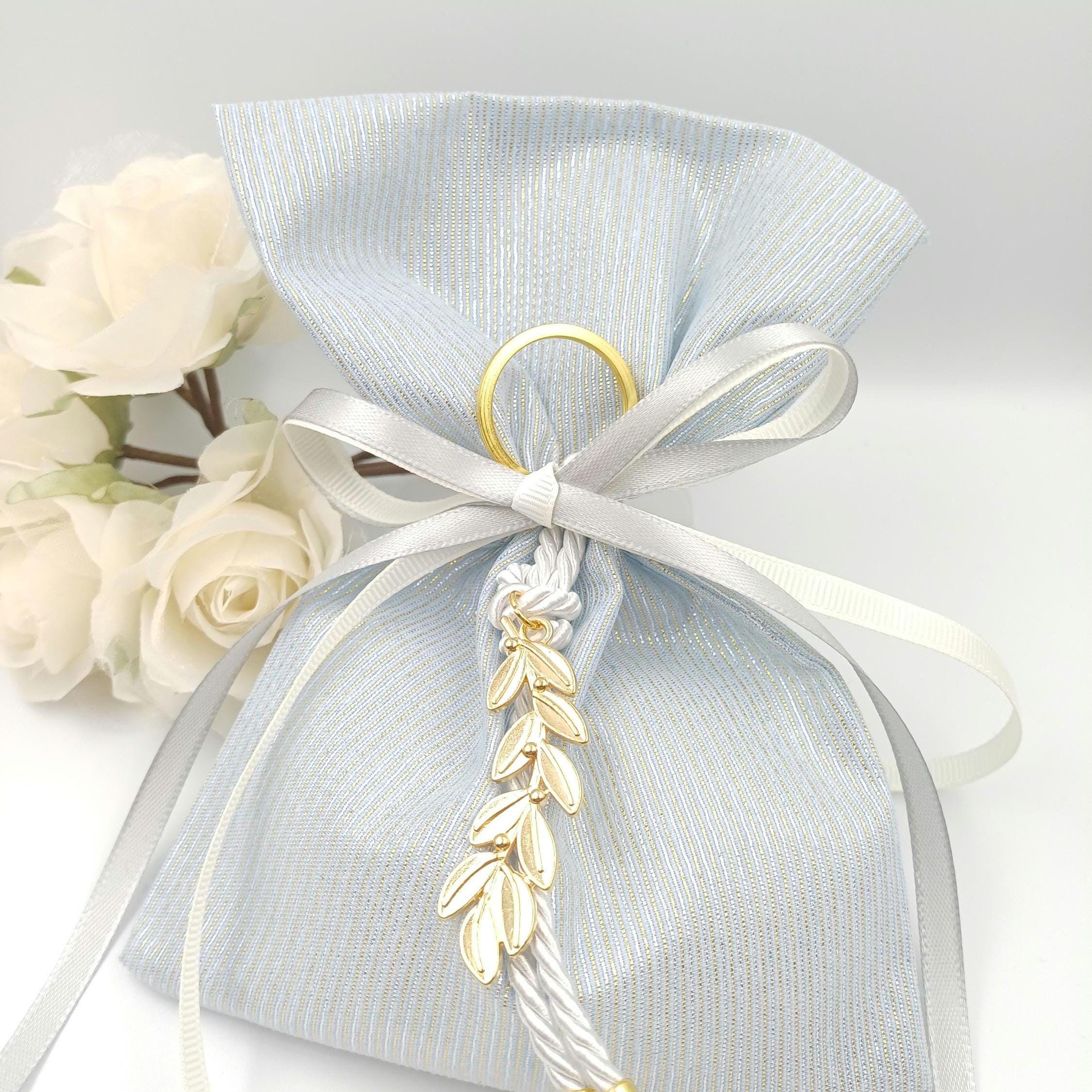Greek Wedding Favors - Olive branch key chain Bombonieres -light blue and gold shade bags -Orthodox baptism - Unique Wedding Favor 10 pcs.