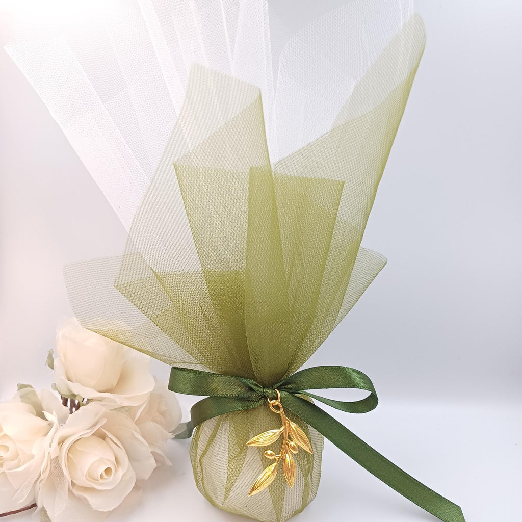 Wedding Favor with Olive Tree Branch in olive green tulle, Greek Orthodox Wedding Bombonieres, traditional tulle koufeta bags, 10pcs.