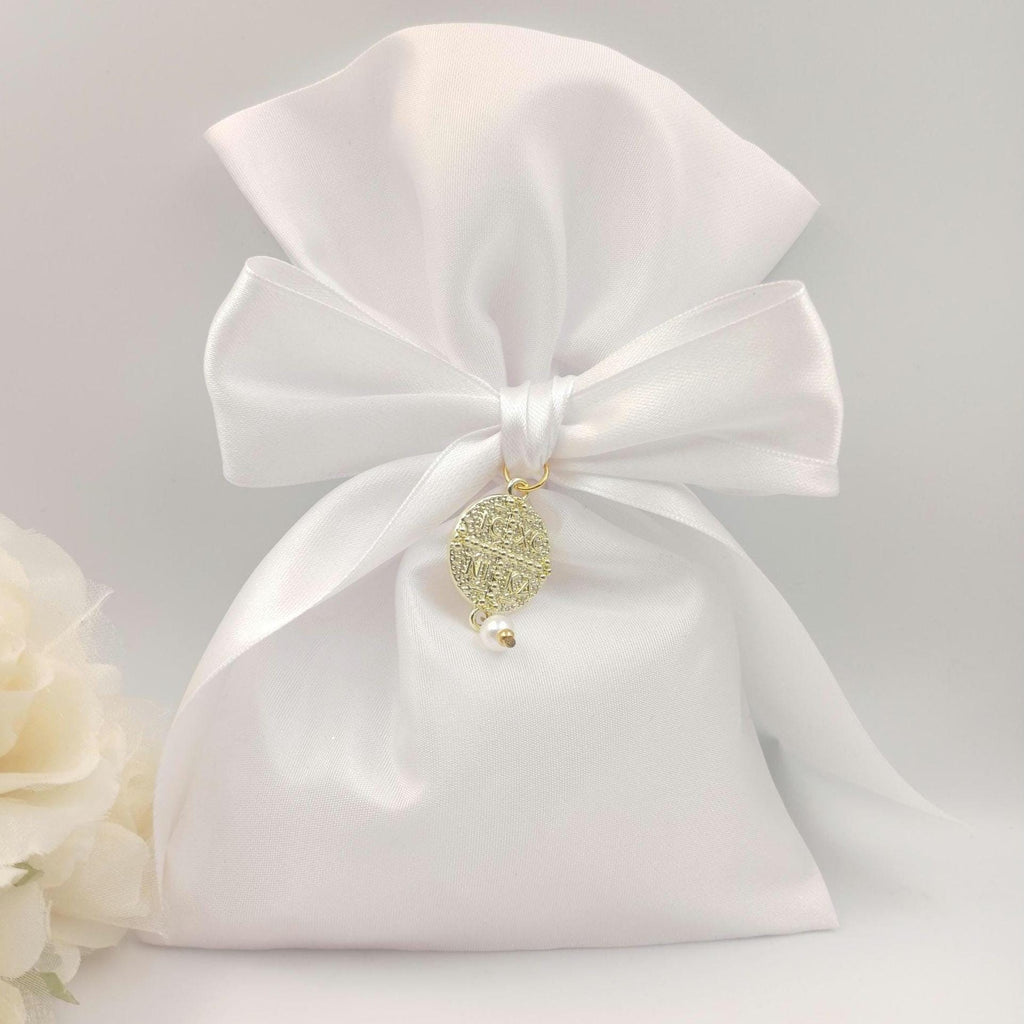 Elegant White Baptism Favor with Gold Byzantine Cross & Pearl Greek Orthodox Christening Bomboniere,Pearl Wedding Favor,koufeta bag  10 pcs.