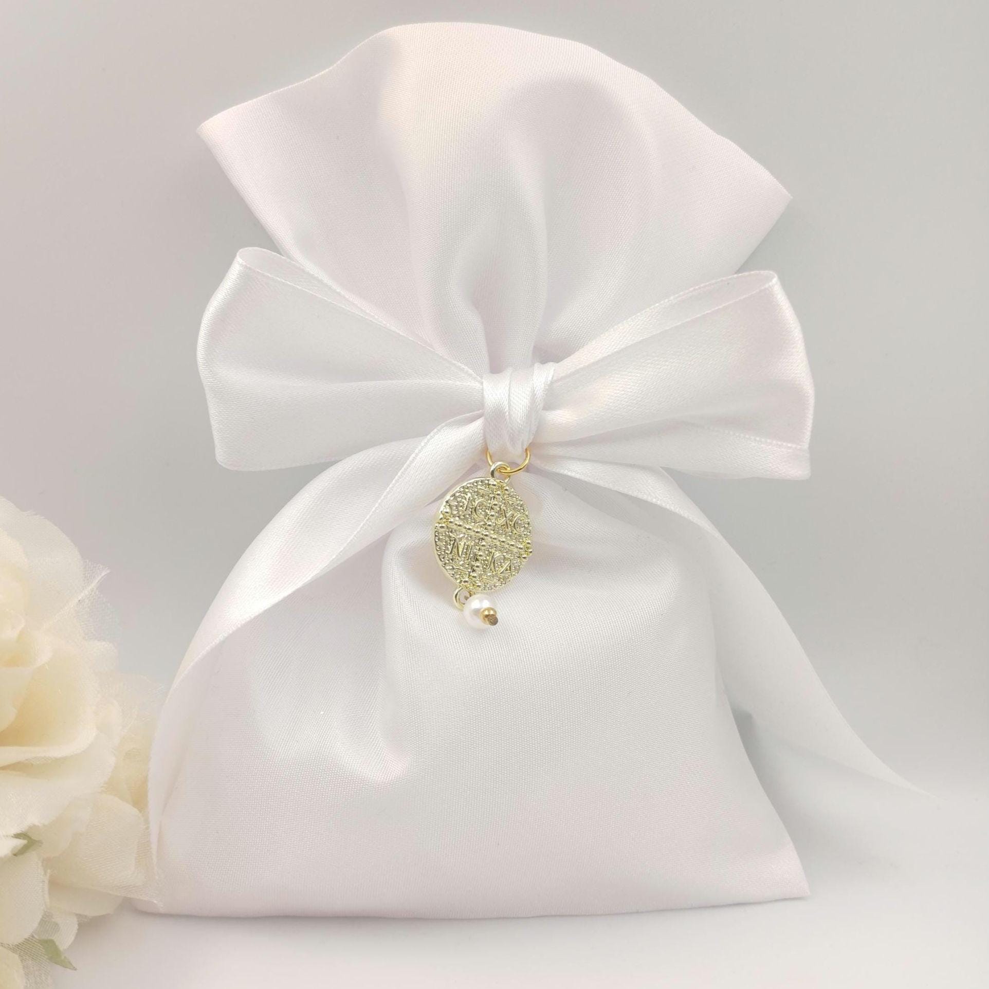 Elegant White Baptism Favor with Gold Byzantine Cross & Pearl Greek Orthodox Christening Bomboniere,Pearl Wedding Favor,koufeta bag  10 pcs.