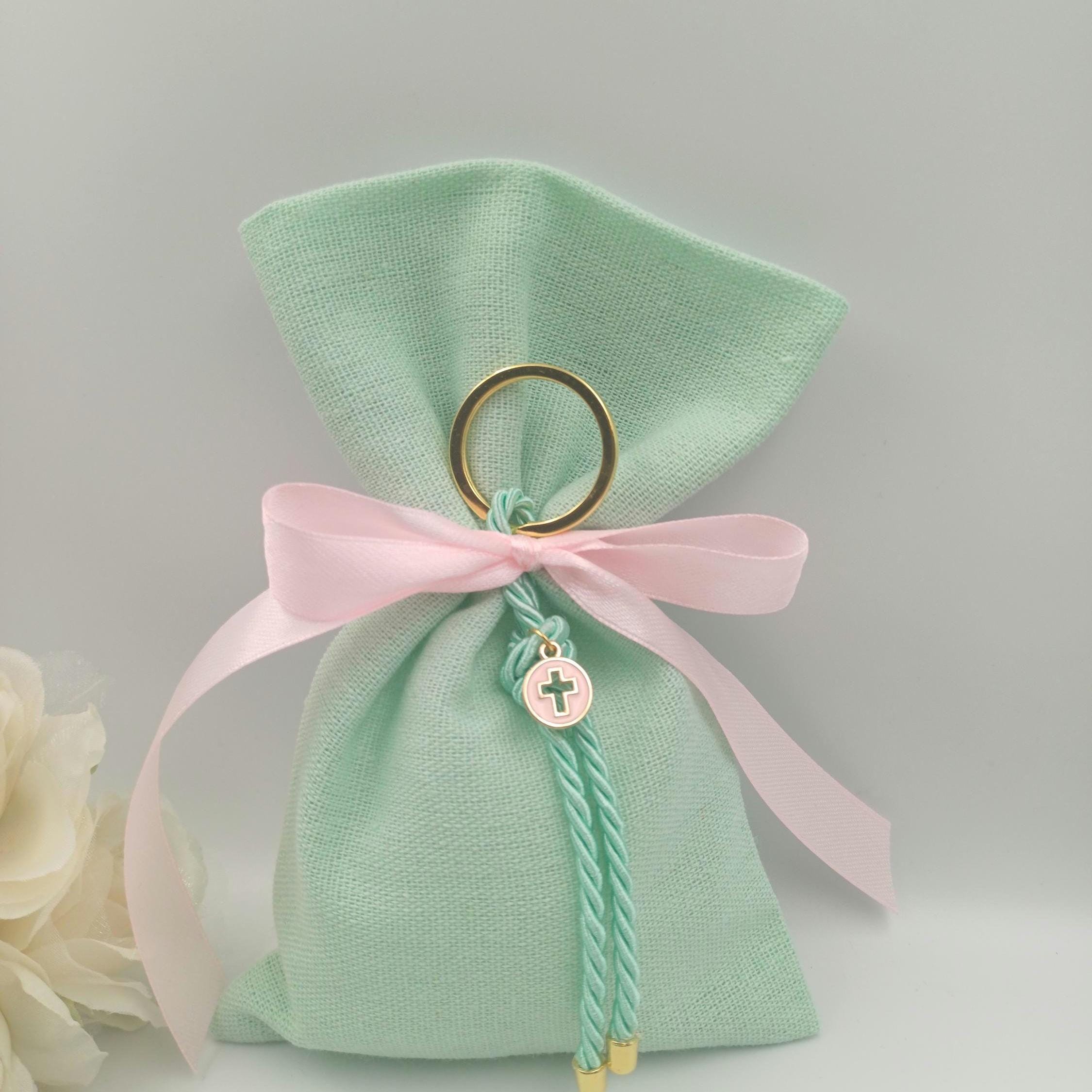 Baptism favors , Greek Orthodox baptism bomboniera almond candy mint green linen bags, Communion italian favors, cross keychain favor 10pcs.