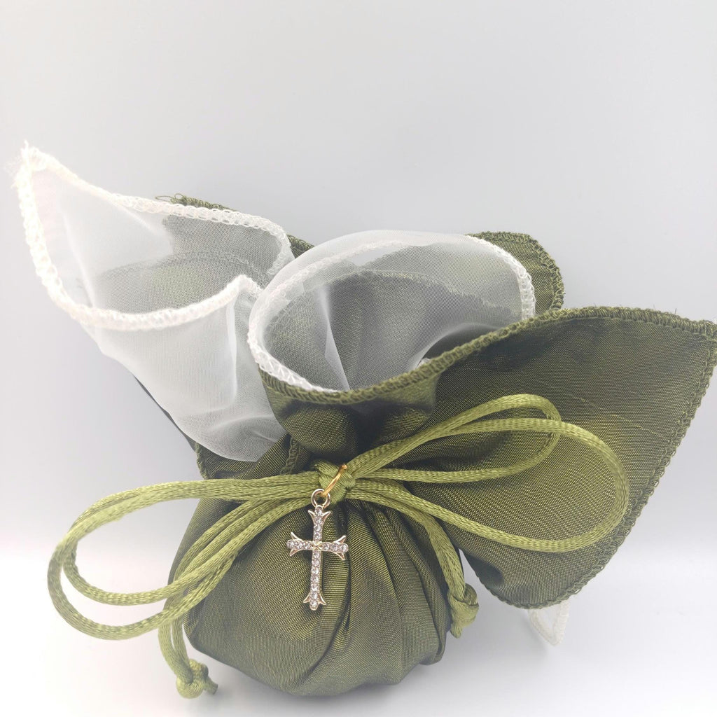 Baptism cross Favor olive green taffeta pouch, Greek Orthodox Wedding Bombonieres,bribal shower gift, traditional tulle koufeta bags, 10pcs.