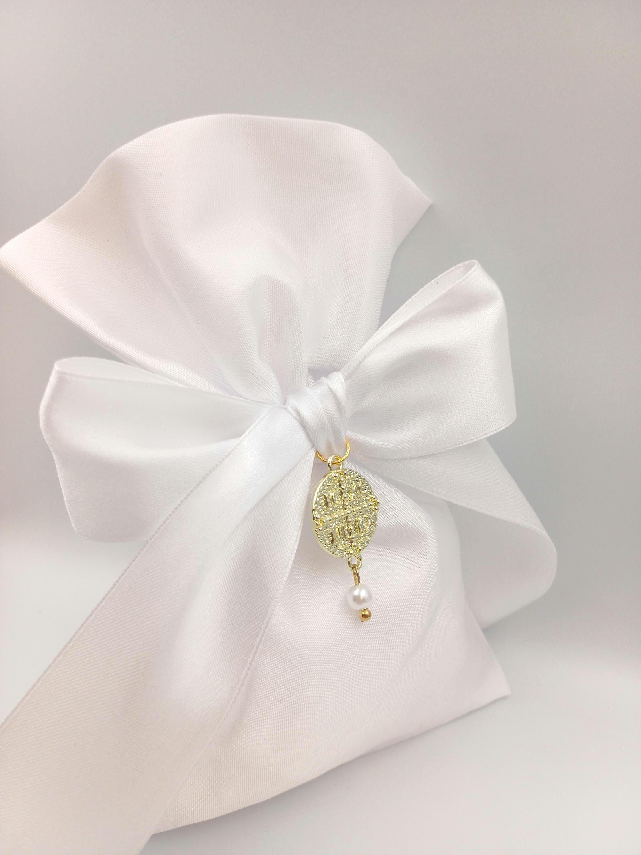 Elegant White Baptism Favor with Gold Byzantine Cross & Pearl Greek Orthodox Christening Bomboniere,Pearl Wedding Favor,koufeta bag  10 pcs.