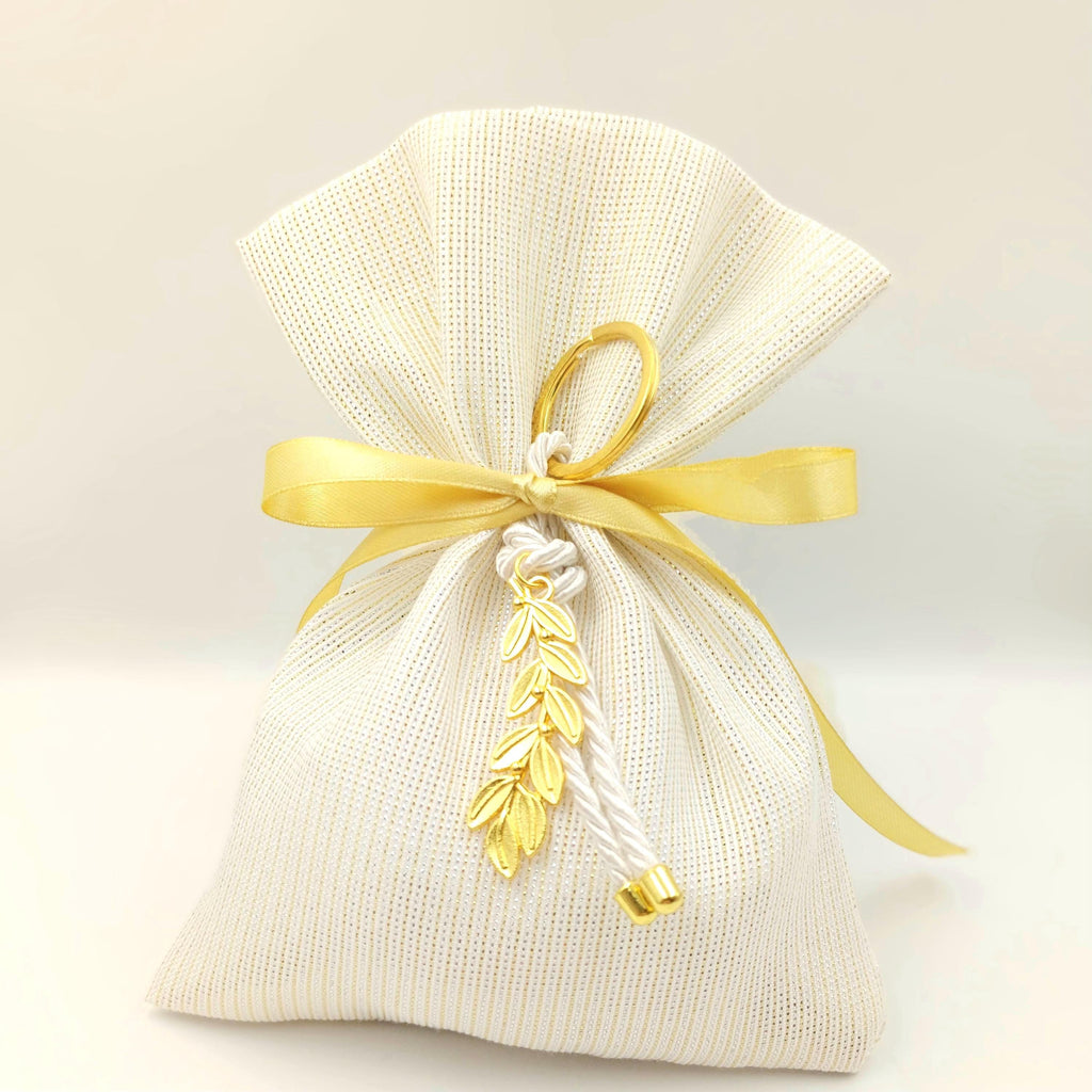 Gold ivory Wedding Favors  Olive key chain greek Bombonieres Orthodox baptism Unique Shimmering Wedding Favor jordan almond candy bag 10 pcs