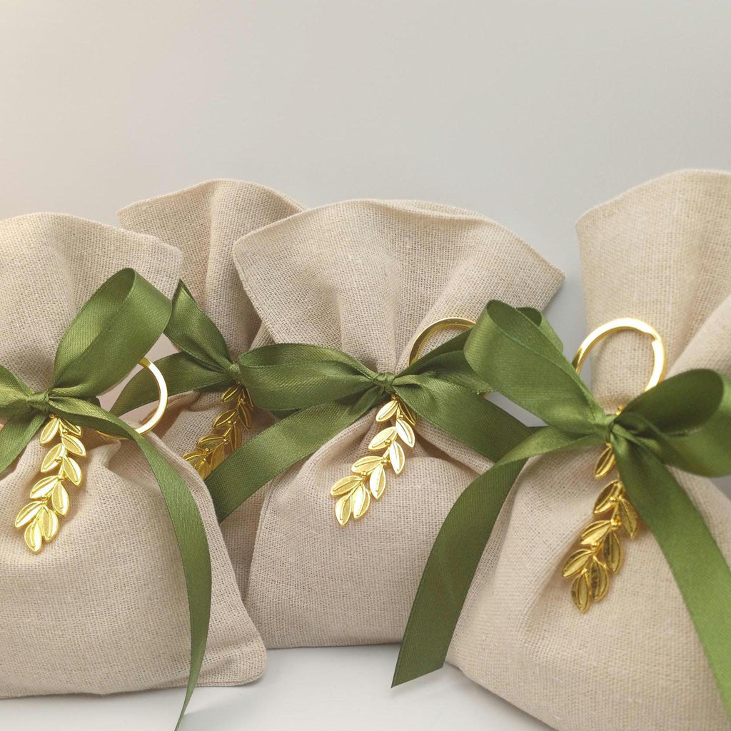 10 pcs Personalized Greek Wedding Favors – Olive Branch Bombonieres with Koufeta – Linen Pouches