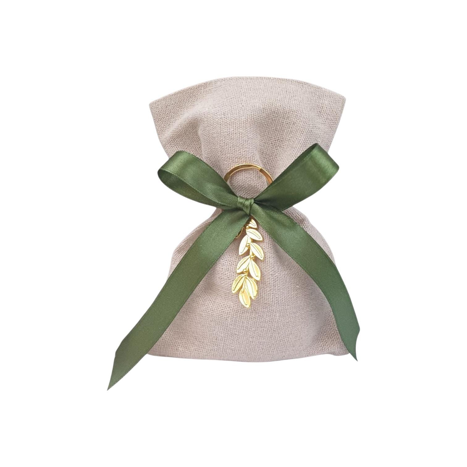 10 pcs Personalized Greek Wedding Favors – Olive Branch Bombonieres with Koufeta – Linen Pouches