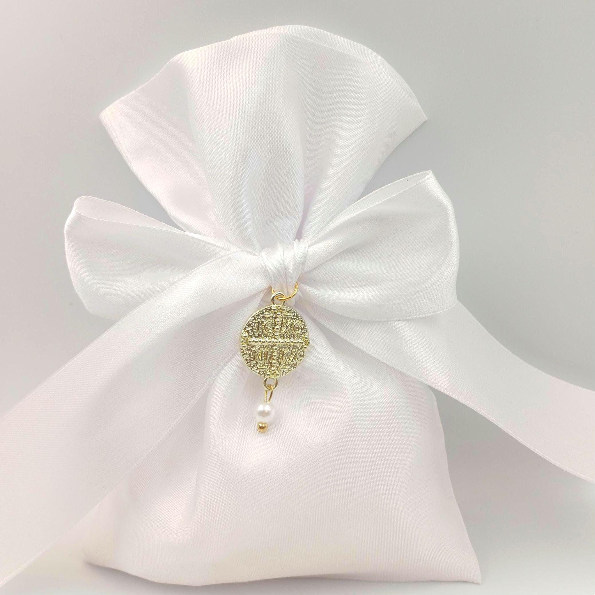 Elegant White Baptism Favor with Gold Byzantine Cross & Pearl Greek Orthodox Christening Bomboniere,Pearl Wedding Favor,koufeta bag  10 pcs.