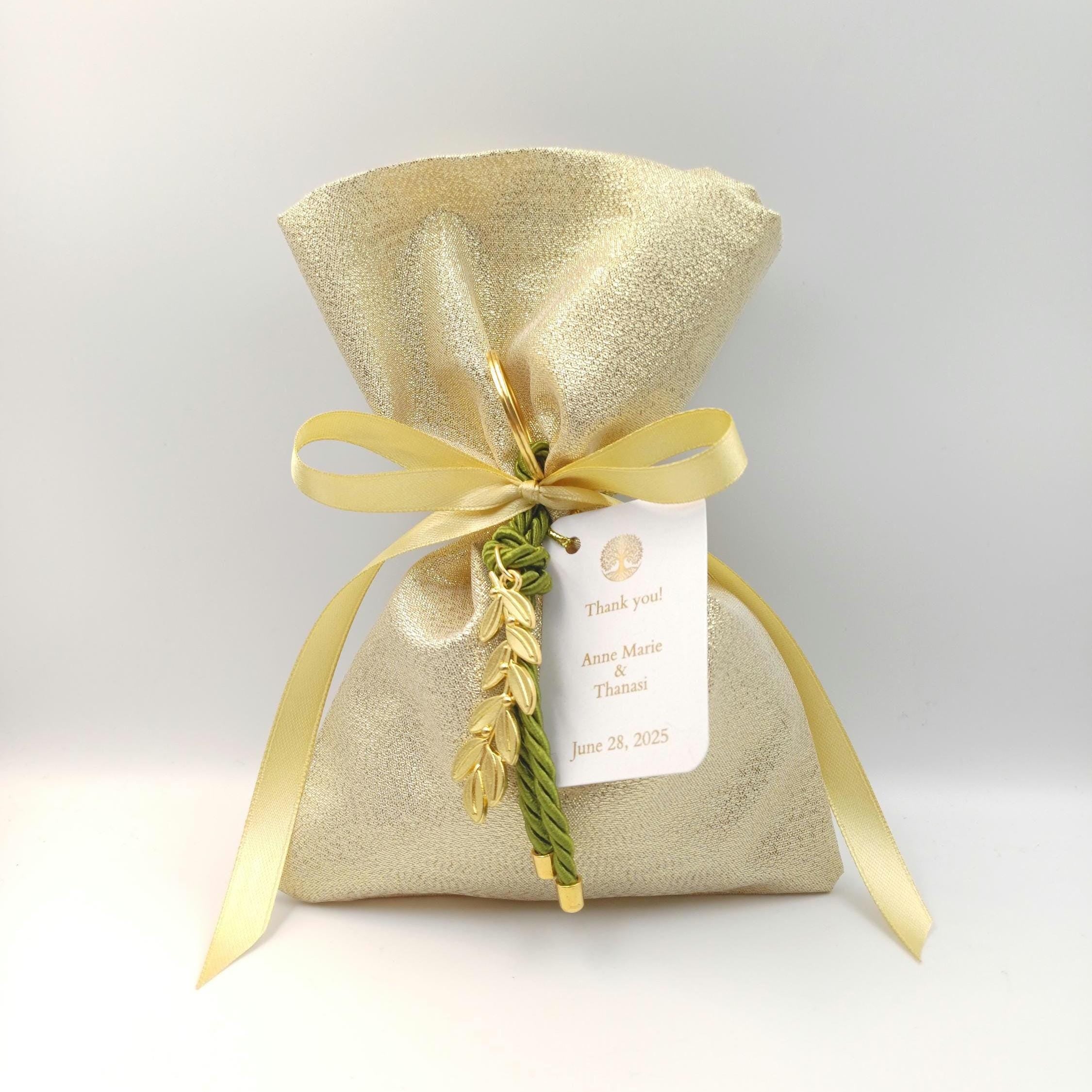 10 pcs, Gold Wedding Favor Bag, Greek bombonieres with Olive branch key chain Koufeta ,Orthodox baptism ,bridal shower gift, sweet 16 favors